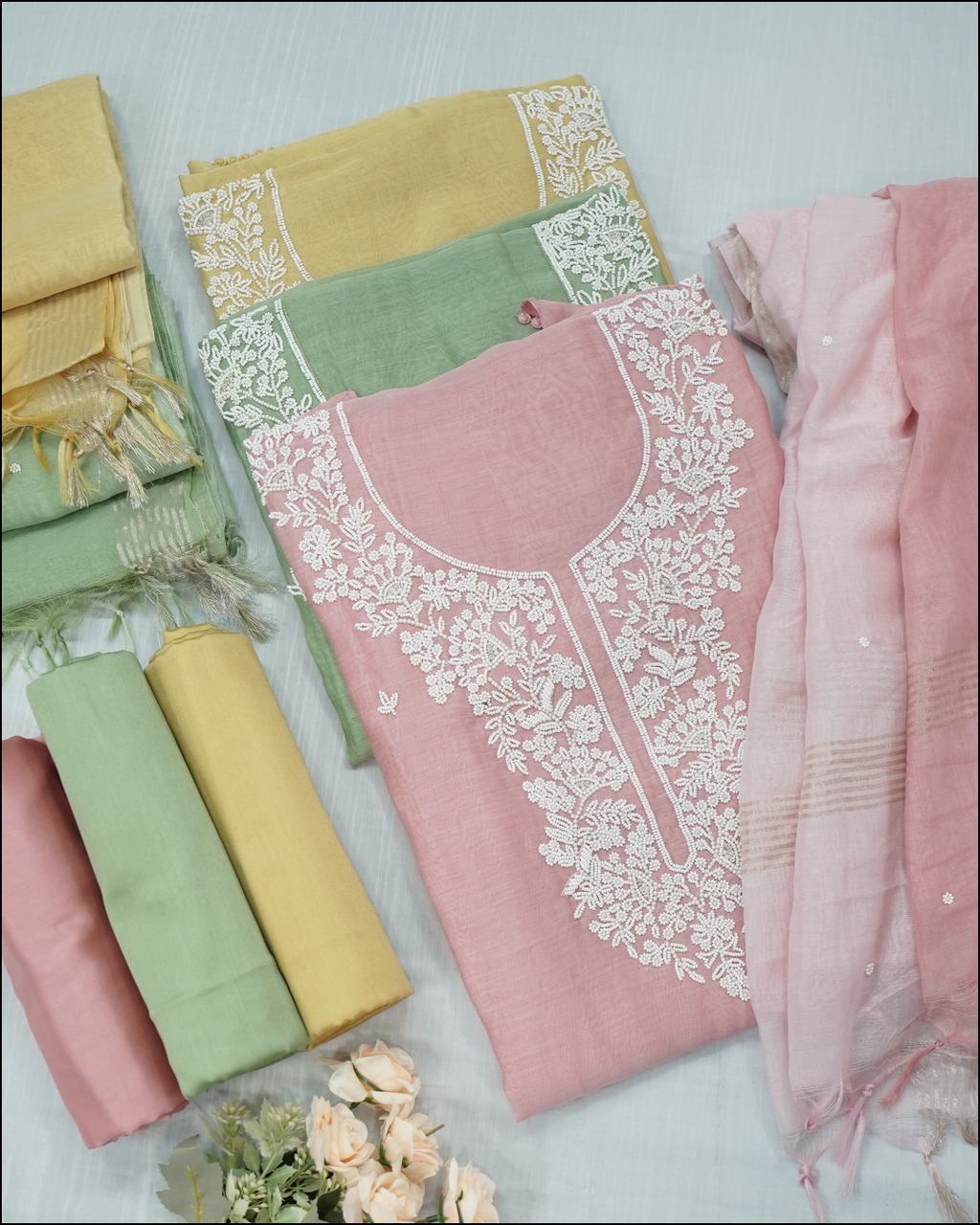 Mul Cotton Unstitched Suit Set with Pearl Handwork