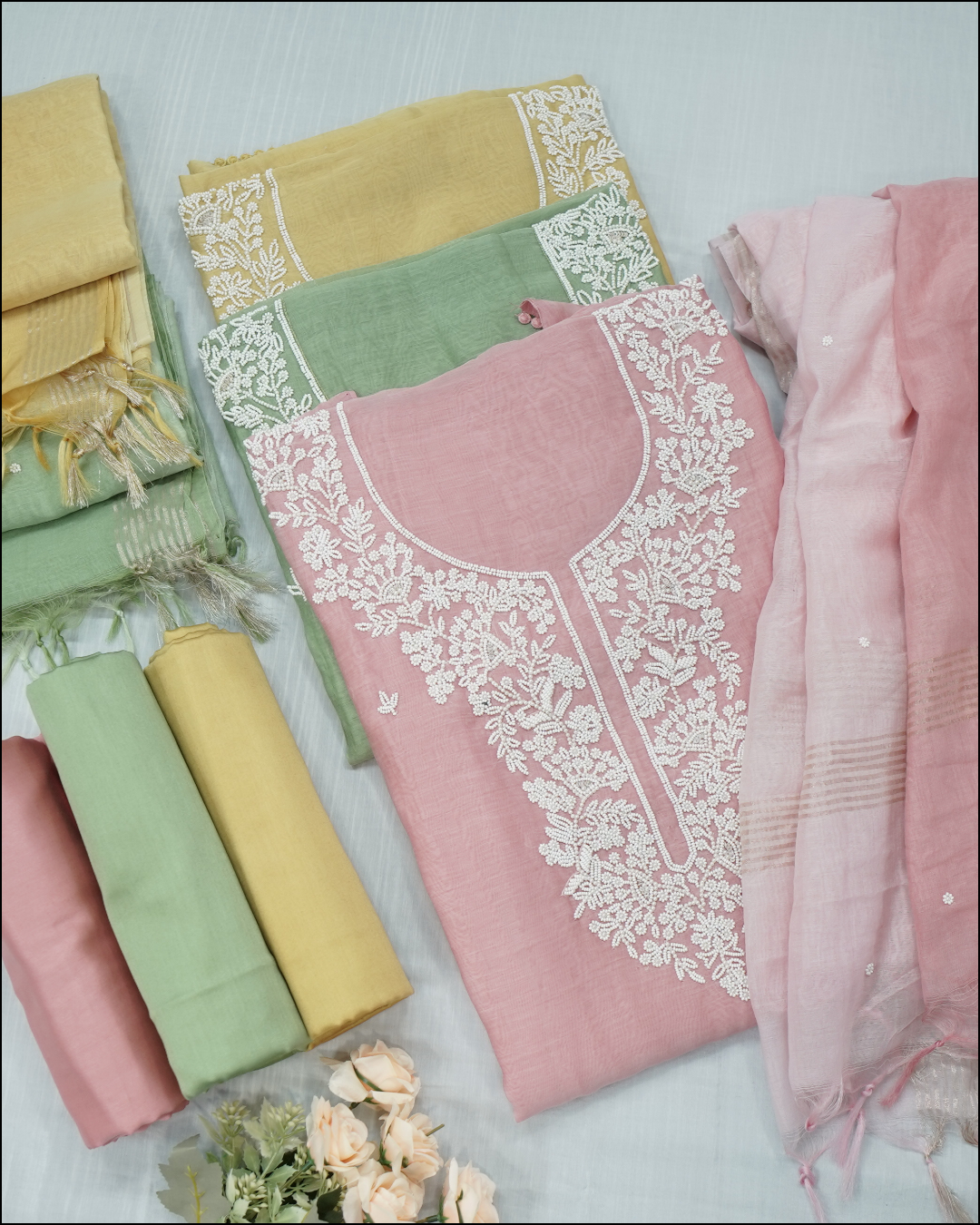 Mul Cotton Unstitched Suit Set with Pearl Handwork