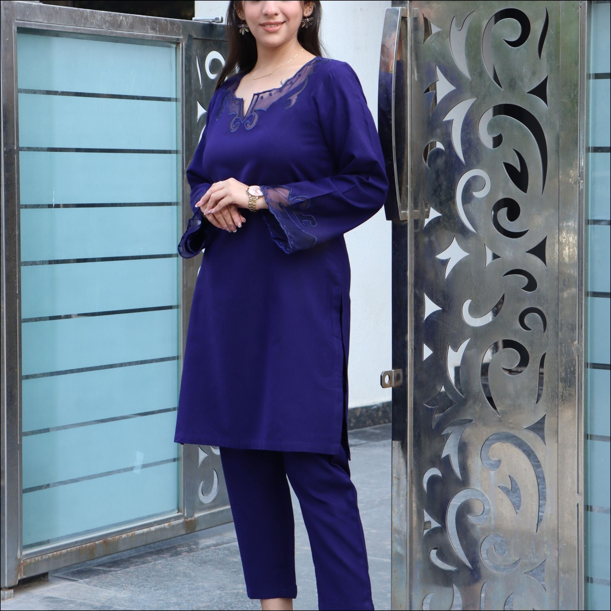 Brown Blue Maroon Wine Spun Co-ord Set with Organza Bell Sleeves