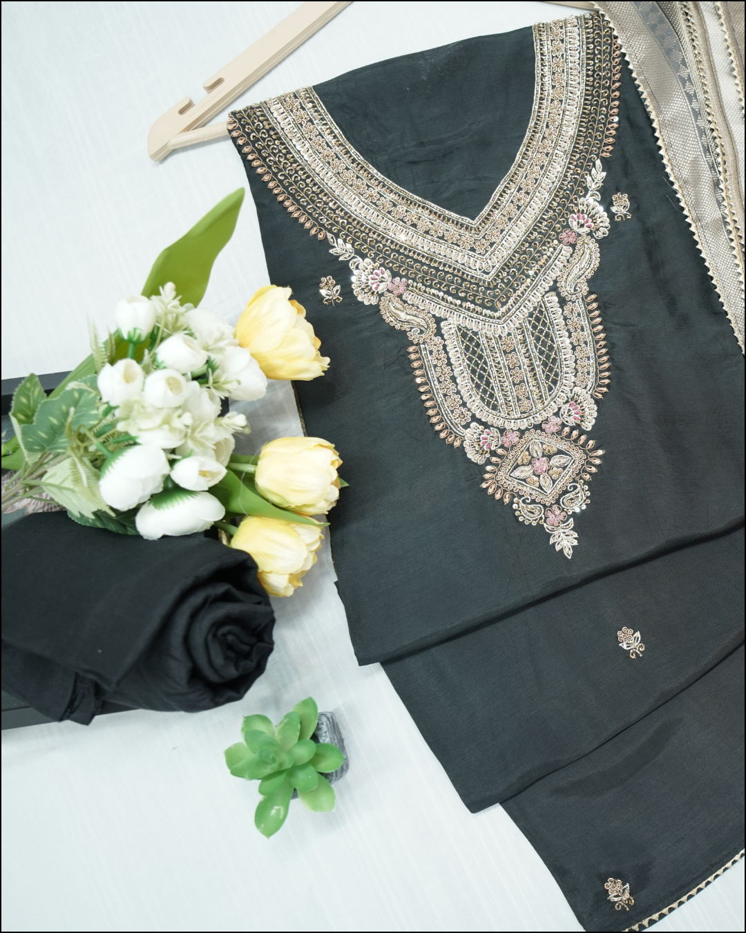 Unstitched Black Crepe Suit Set with Zari Work & Beige Zari Dupatta