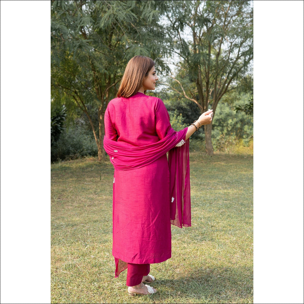 Magenta Dupian Silk Suit with Pearl Handwork & Embroidered Dupatta
