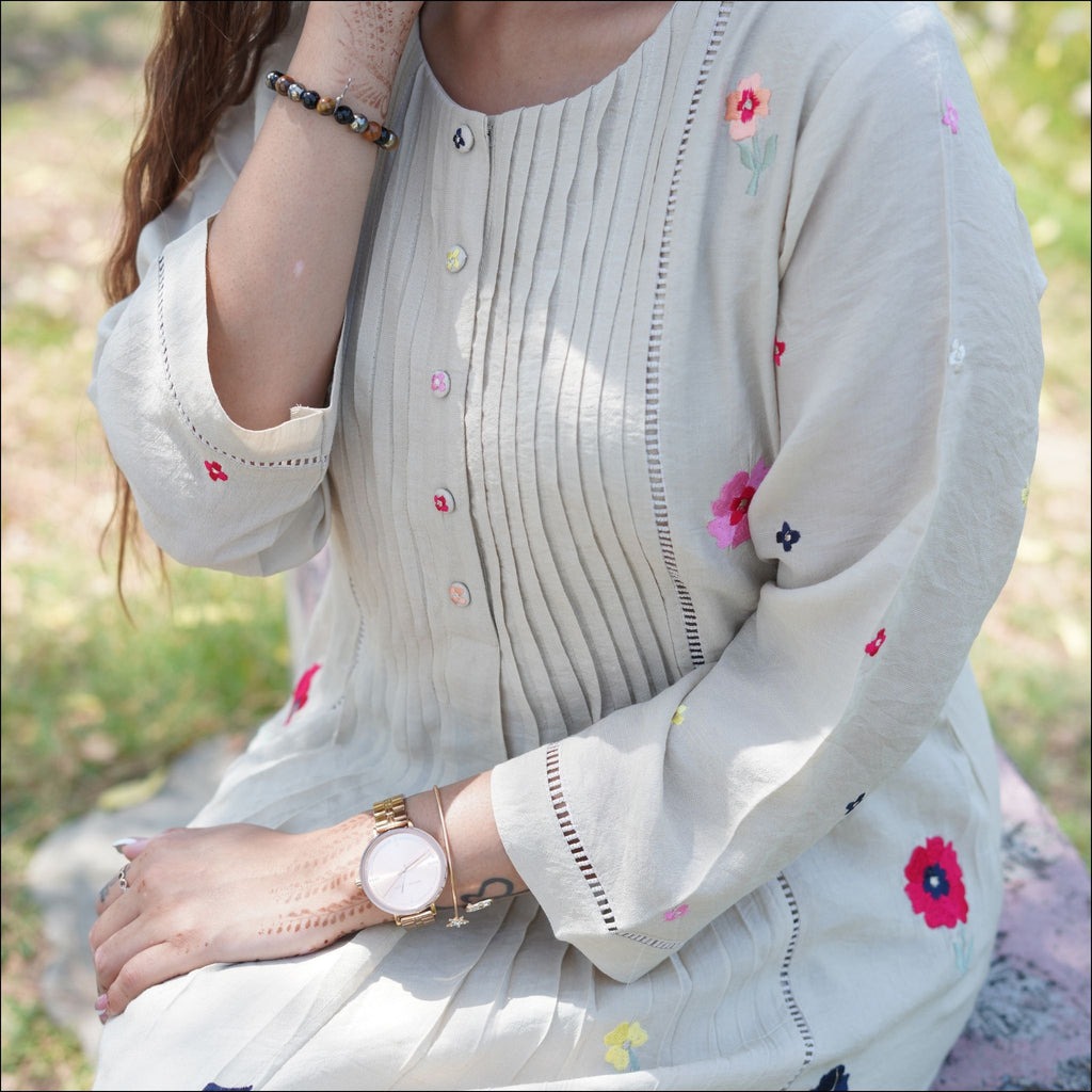 Beige Cotton Silk Pleated Dress with Floral Embroidery & Lace