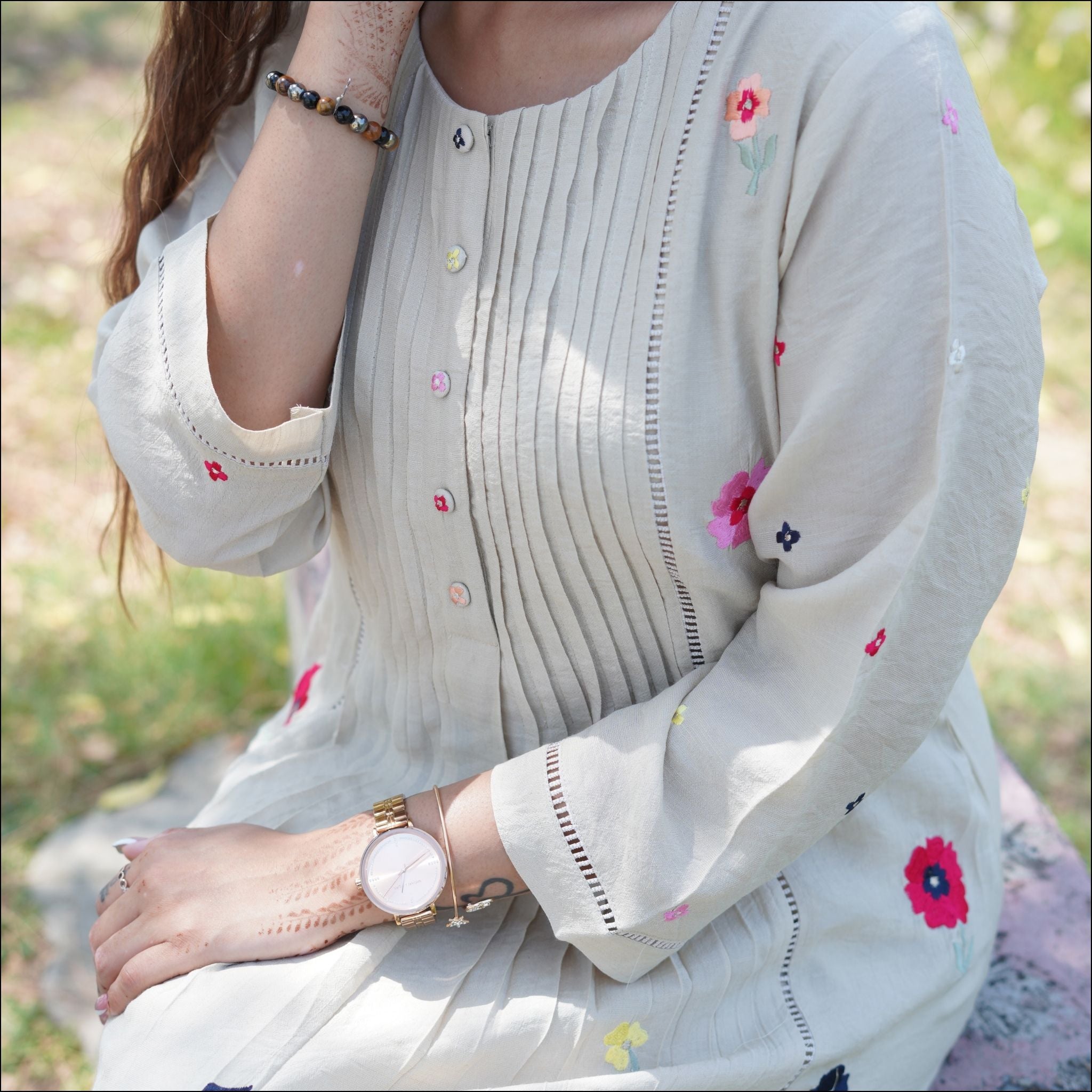 Beige Cotton Silk Pleated Dress with Floral Embroidery & Lace