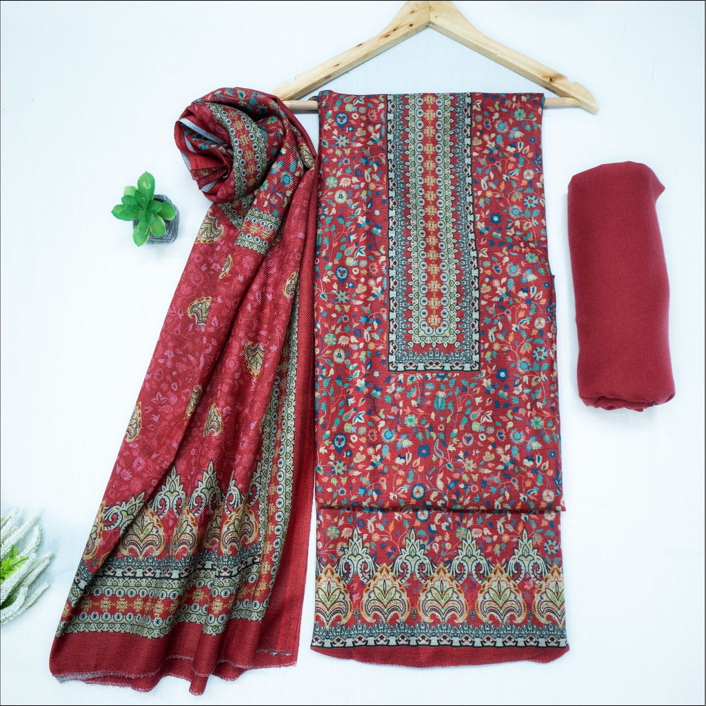 Red Blue Rust Purple Spun Unstitched Winter Suit Set