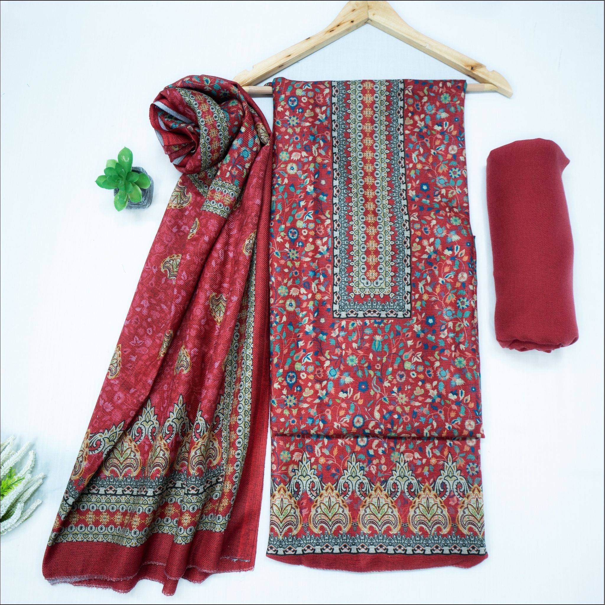 Red Blue Rust Purple Spun Unstitched Winter Suit Set