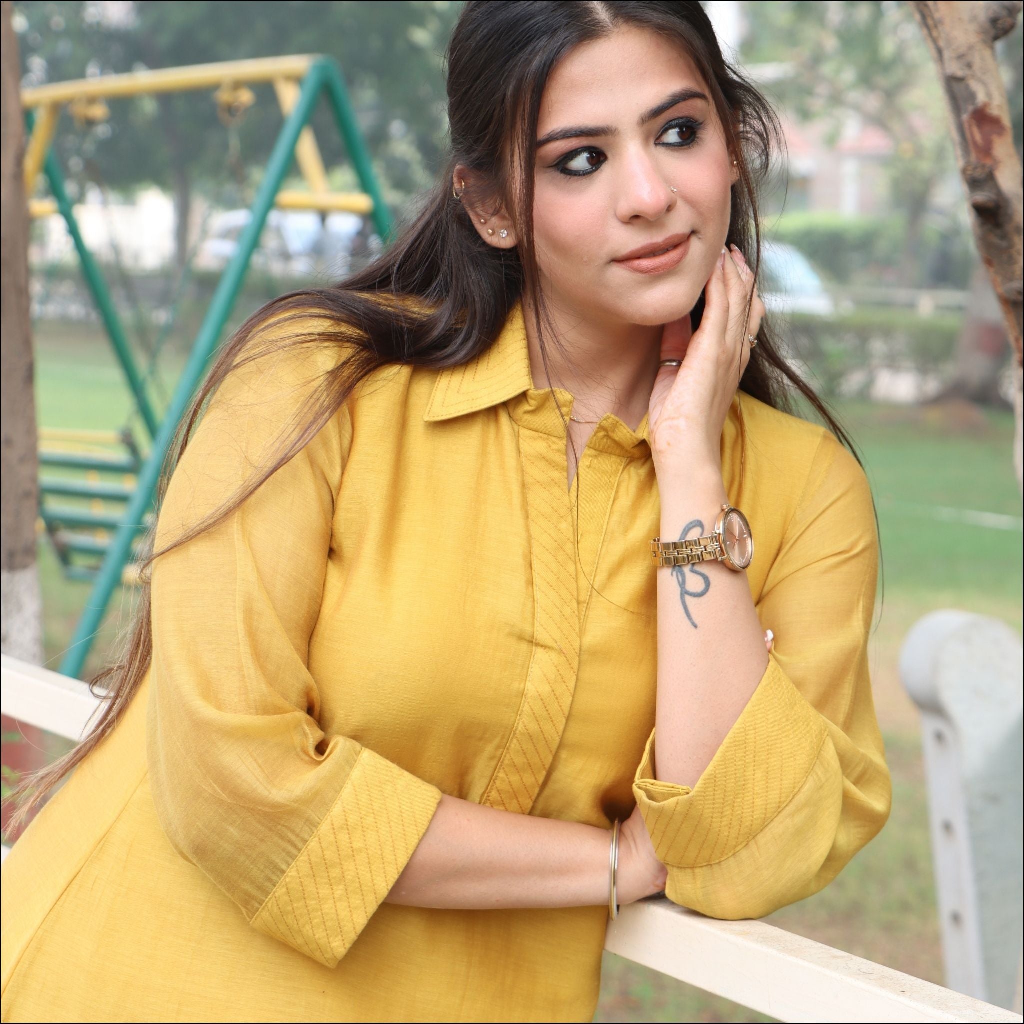 Mustard C Cut Mul Cotton Dress with Collar & Mirror Work