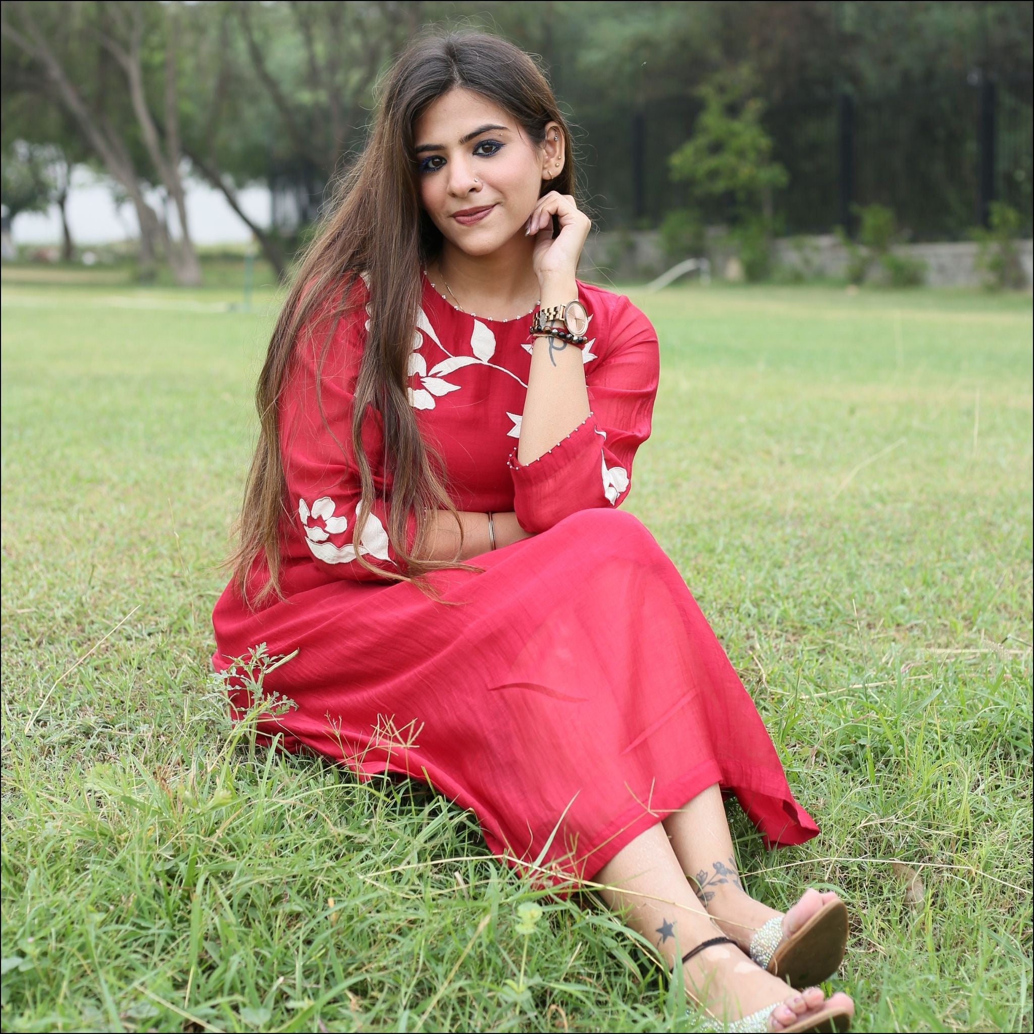 Red Mul Cotton Kurti with Applique & Pearl Work