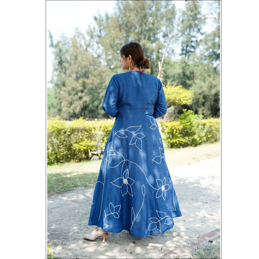 Blue Dupian Anarkali Suit with Organza Dupatta & Hand Embroidery