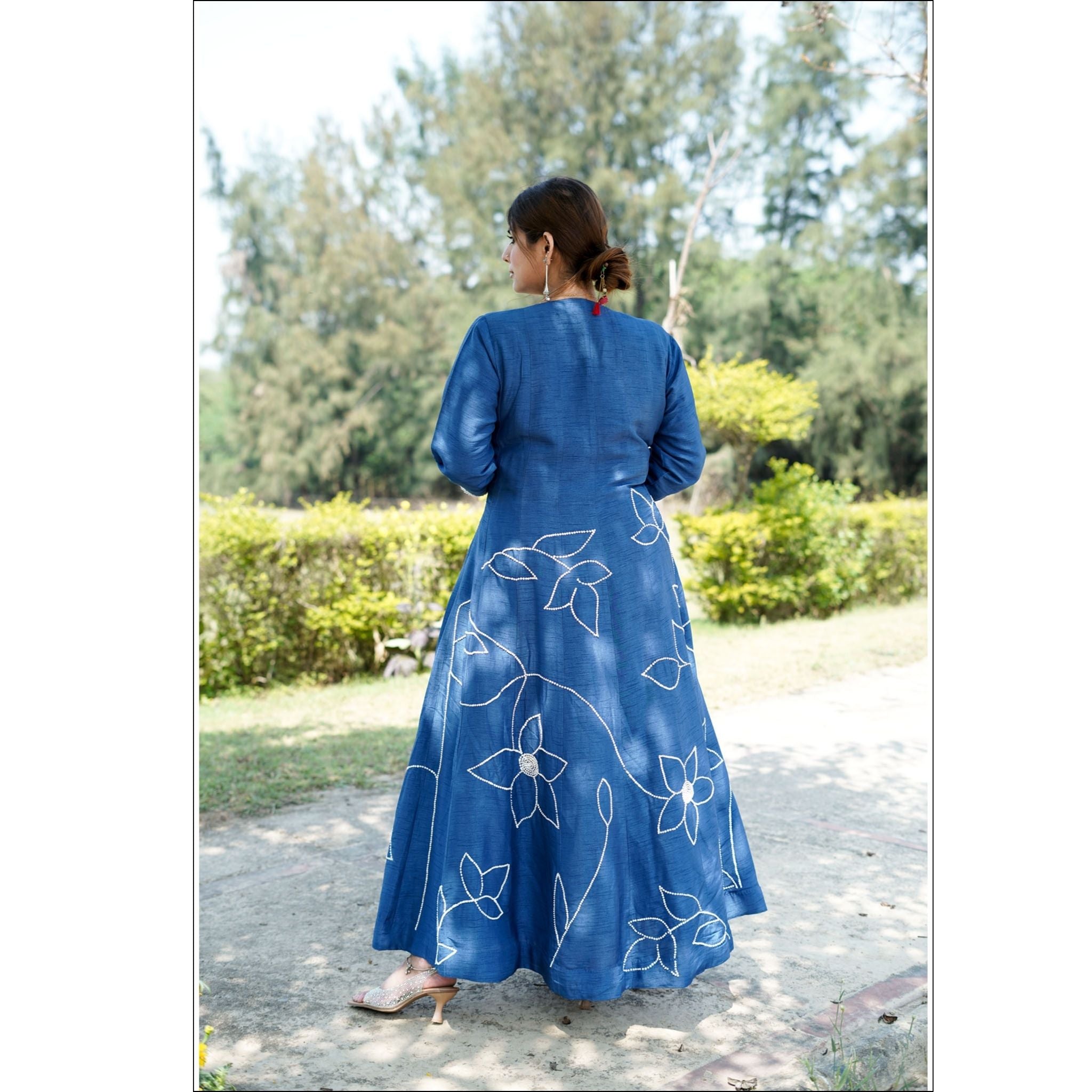 Blue Dupian Anarkali Suit with Organza Dupatta & Hand Embroidery