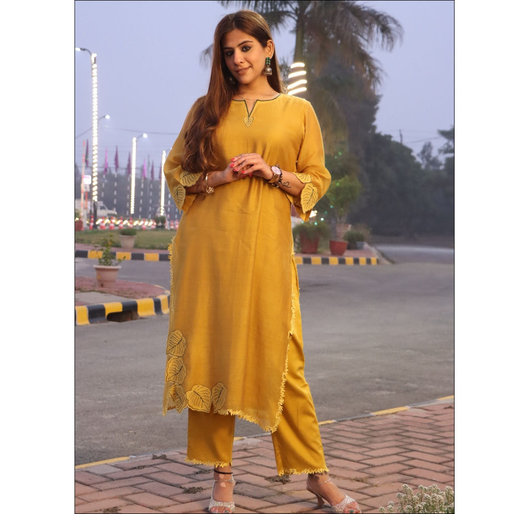 Mustard Yellow Malai Cotton Suit with Leaf Embroidery & Dupatta