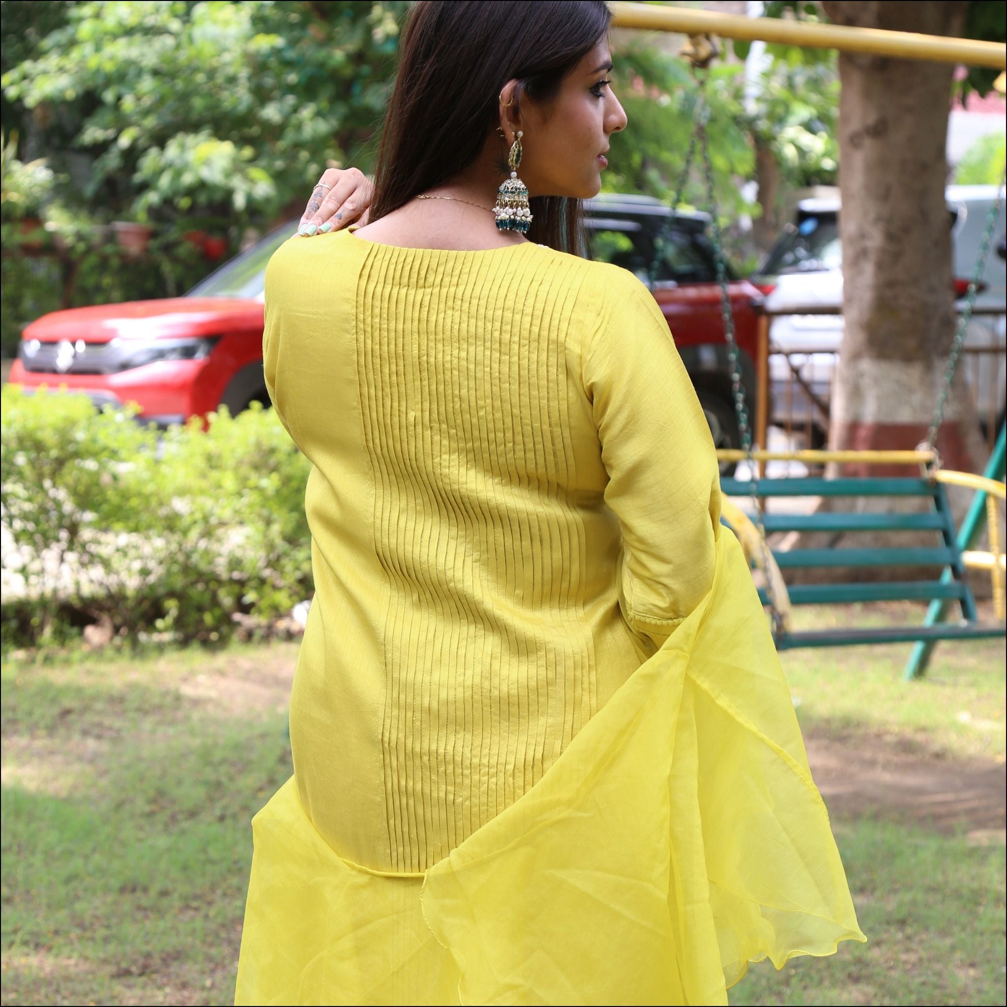 Boat Neck Kurti Pant Set with Dori Embroidery & Ruffled Dupatta