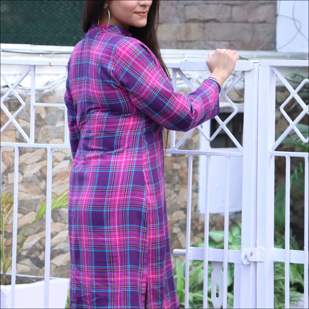 Purple Pink Check Spun Knee-Length Dress with Side Dori
