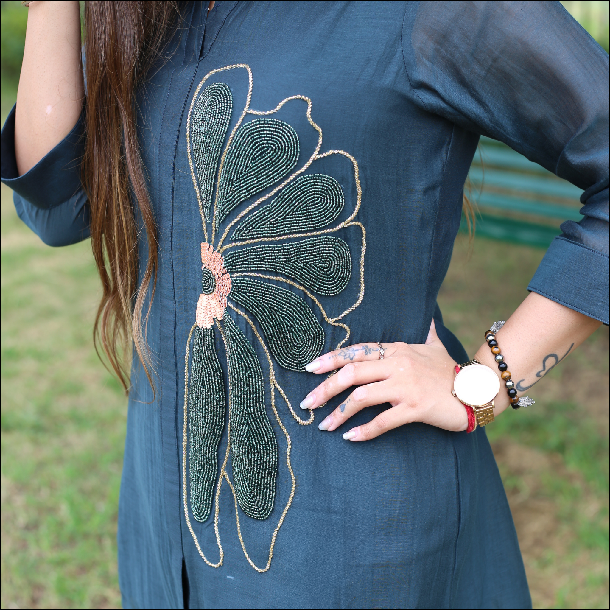Deep Teal Green Mul Cotton Co-ord Set with Pearl & Hand Embroidery