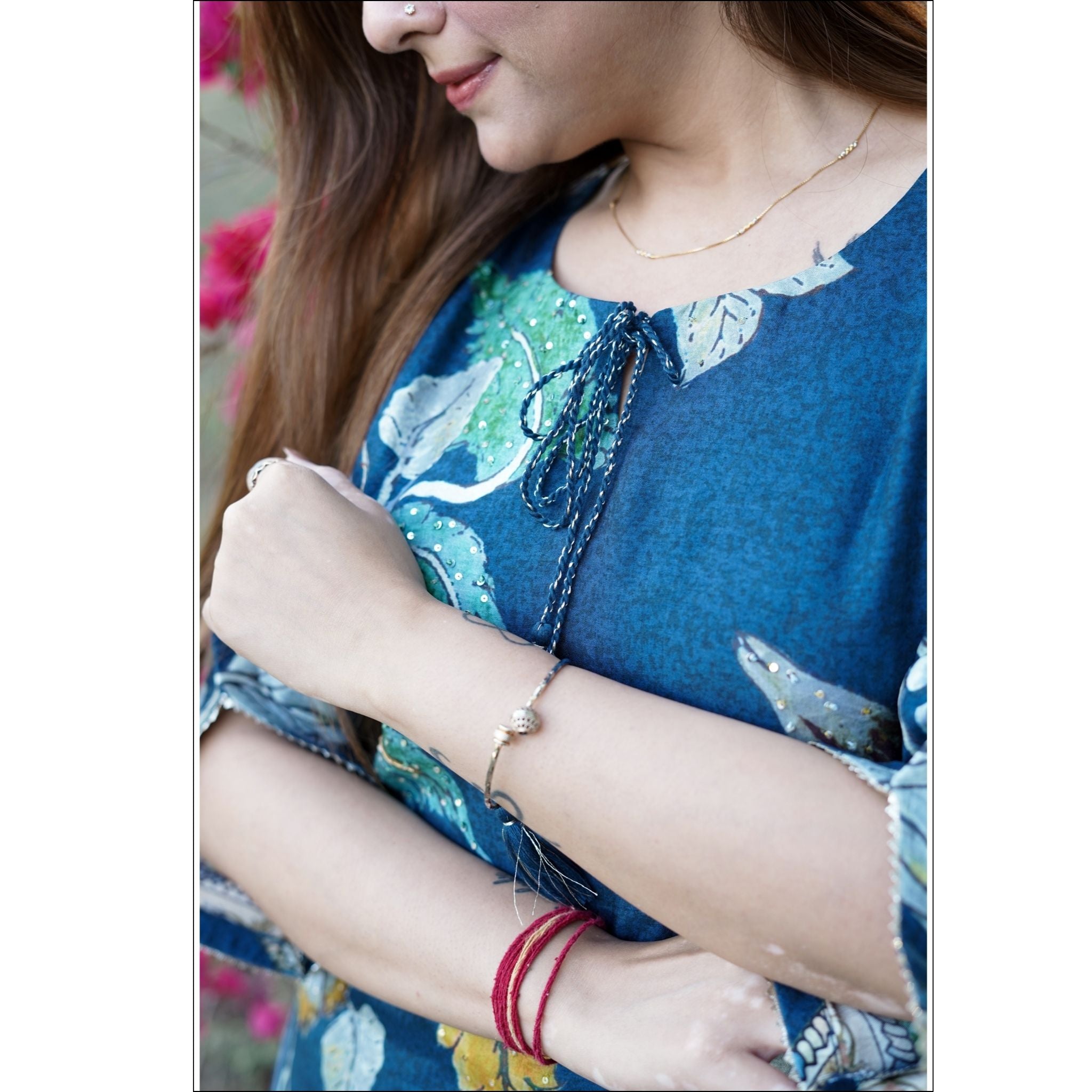 Deep Teal Blue Muslin Kurta with Floral Print & Dori Tassels