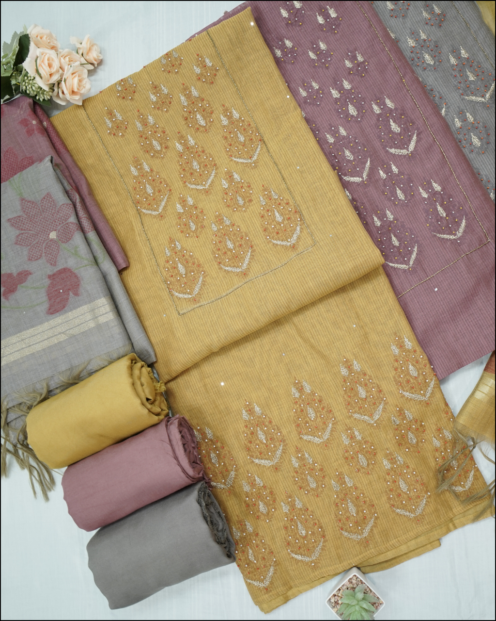 Unstitched Suit Set with Zari & Pearl Work and Chanderi Jamdani Dupatta