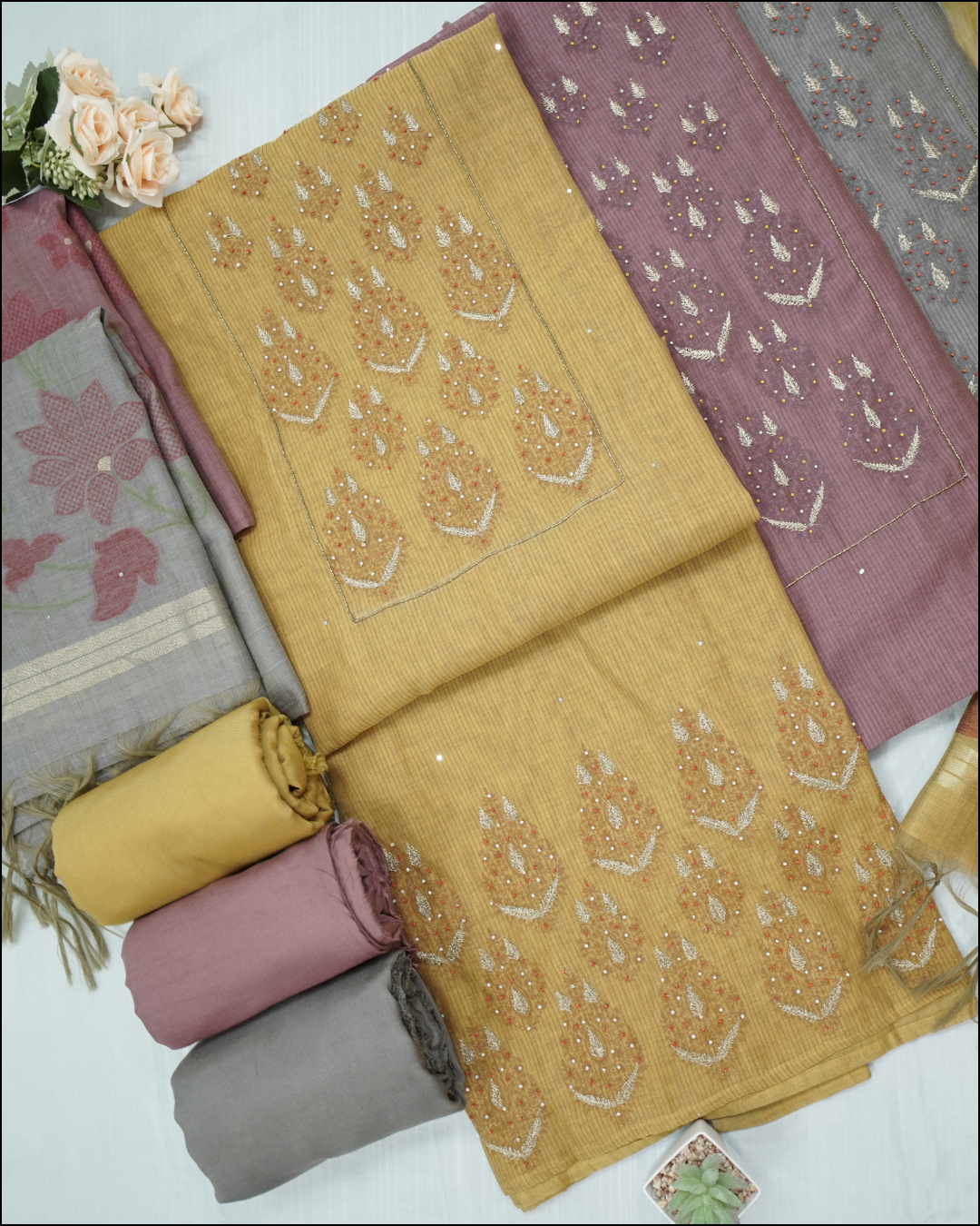 Unstitched Suit Set with Zari & Pearl Work and Chanderi Jamdani Dupatta