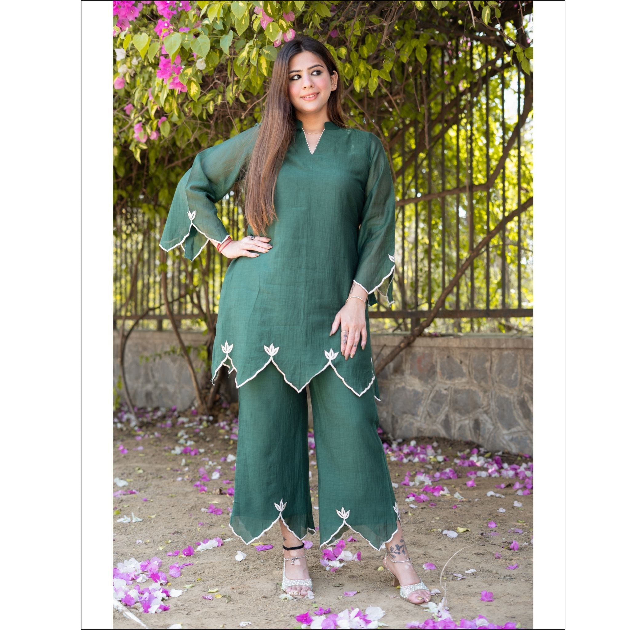 Olive Green Mul Cotton Customized Co-ord Set with Embroidered Leaf Motifs