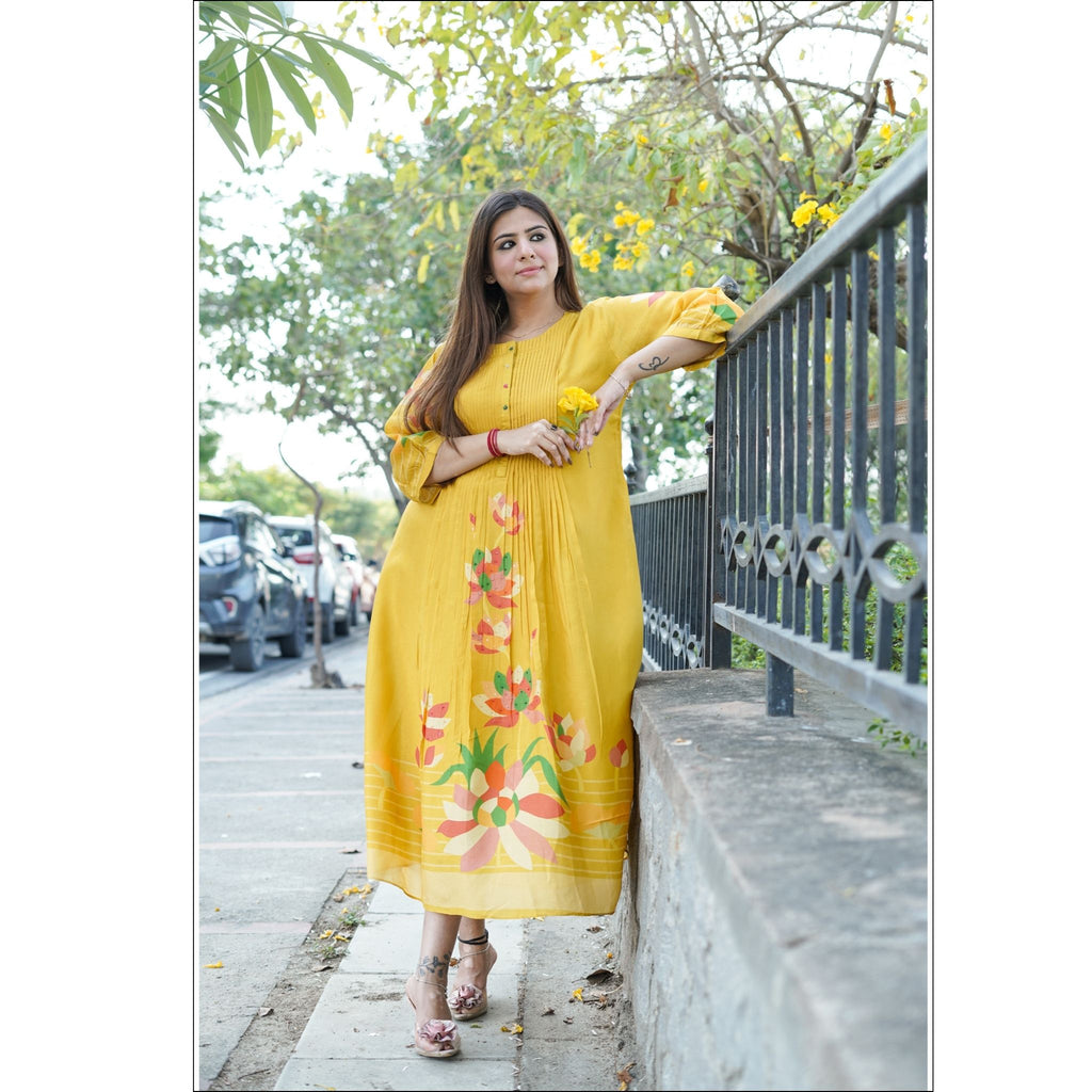 Sunshine Yellow Muslin Kurti with Floral Print & Pleated Design