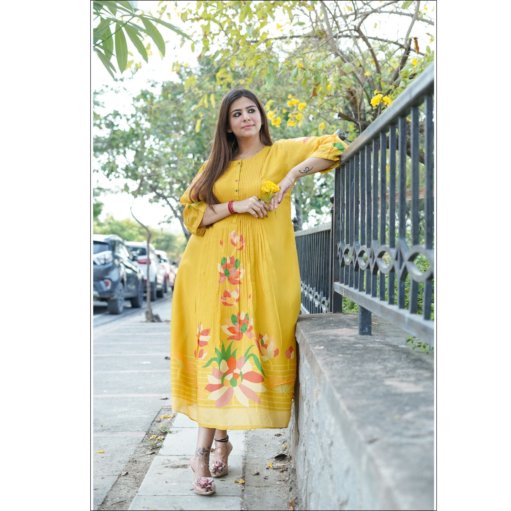 Sunshine Yellow Muslin Kurti with Floral Print & Pleated Design