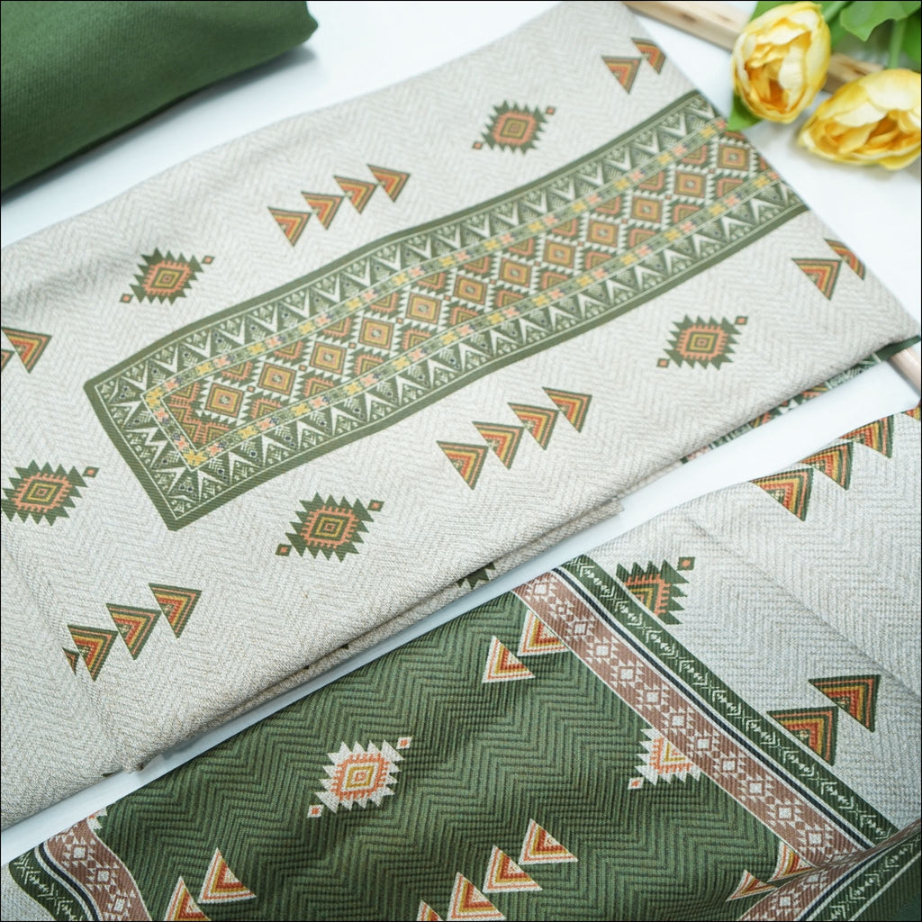 Green Beige Brown Spun Unstitched Winter Suit Set