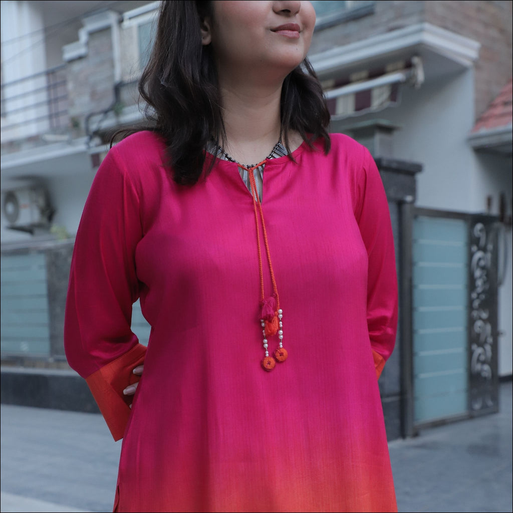 Ombre Dupian Silk Kurti Pant Set with Boat Neck & Tassels