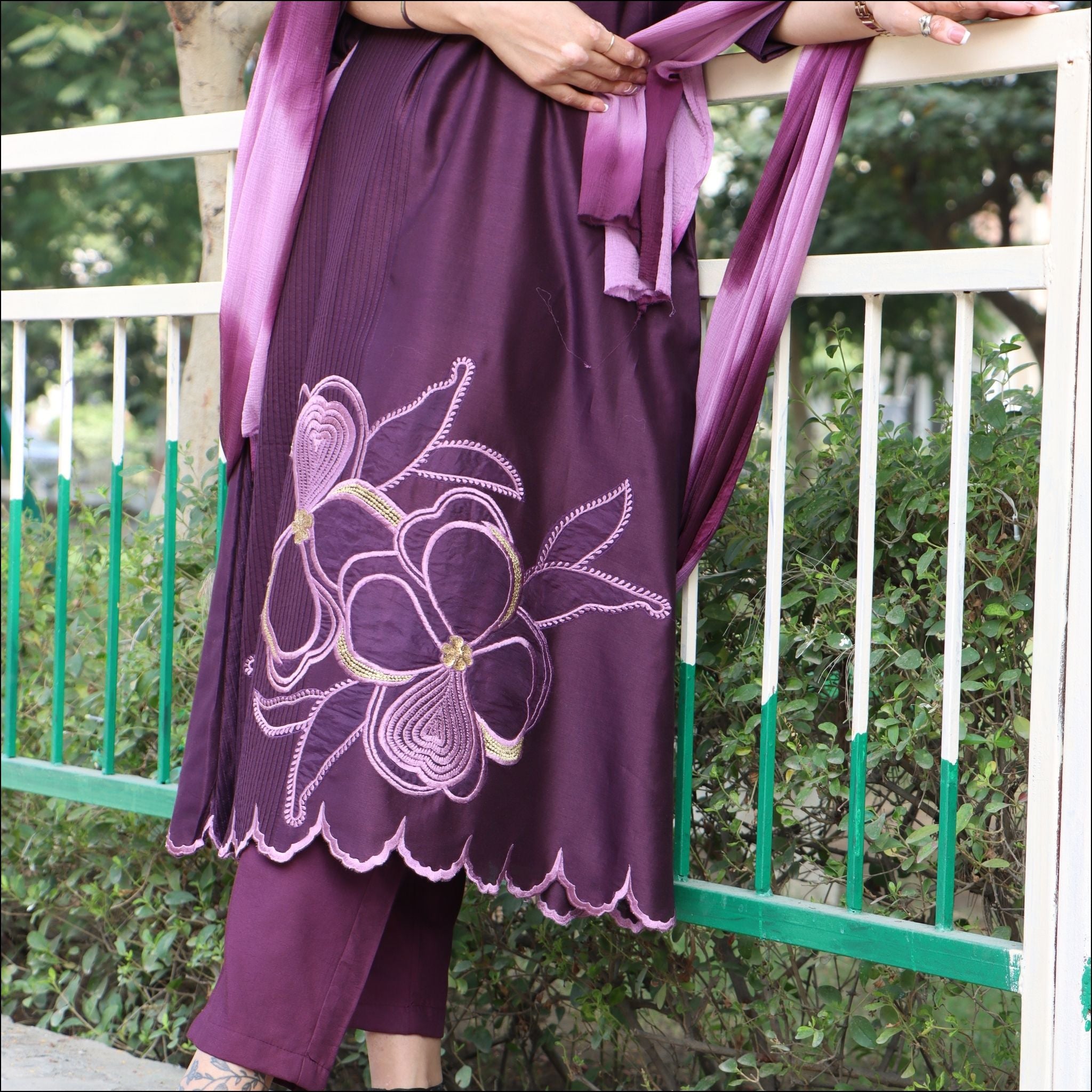 Chinese Collar A-Line Suit with Embroidered Motifs & Chiffon Dupatta