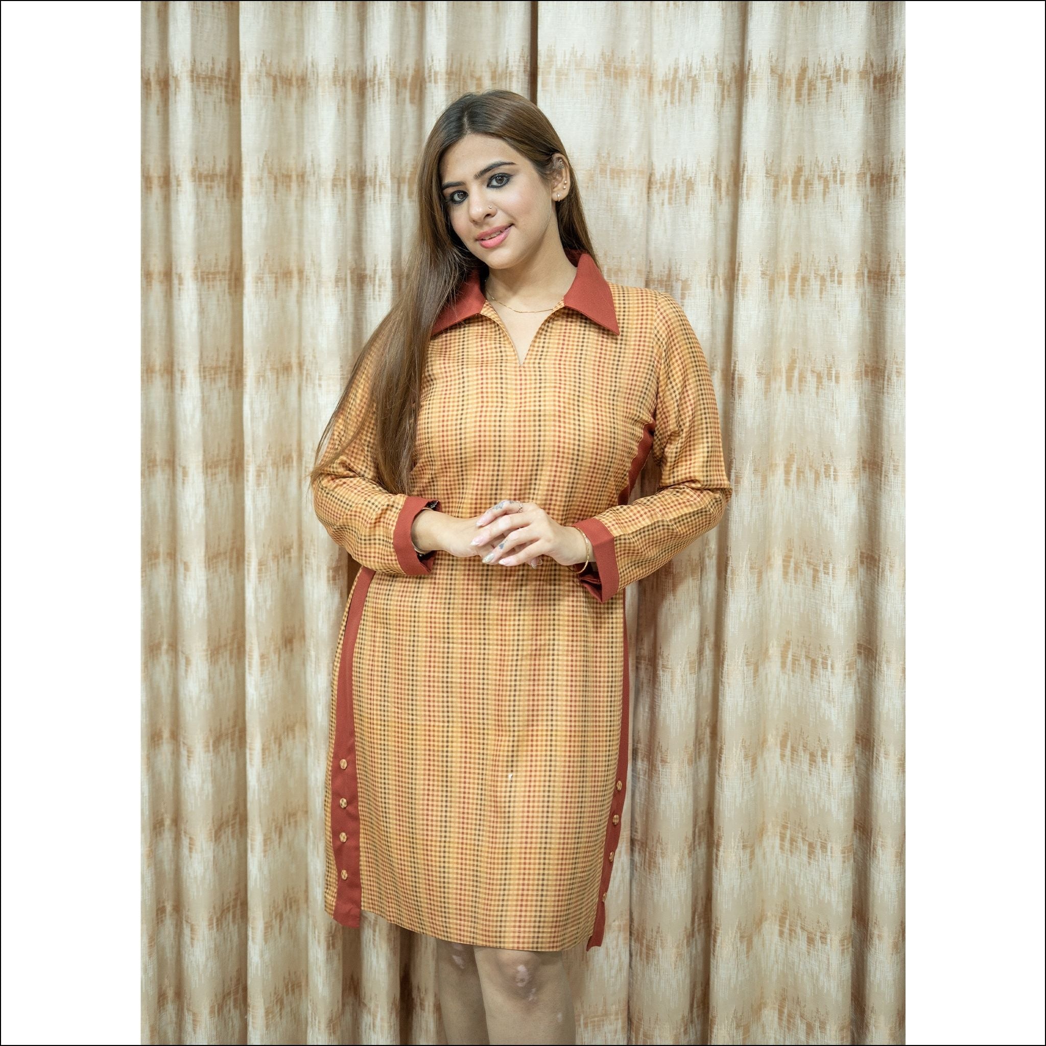Mustard Yellow Spun Checks Dress with Collared Neck & Wooden Buttons