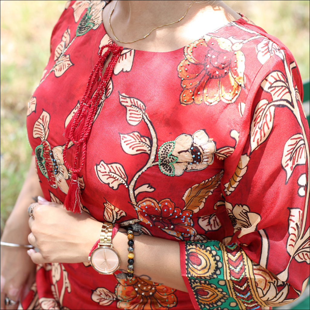 Handwork Kurti with Boat Neck & Tassel Detailing