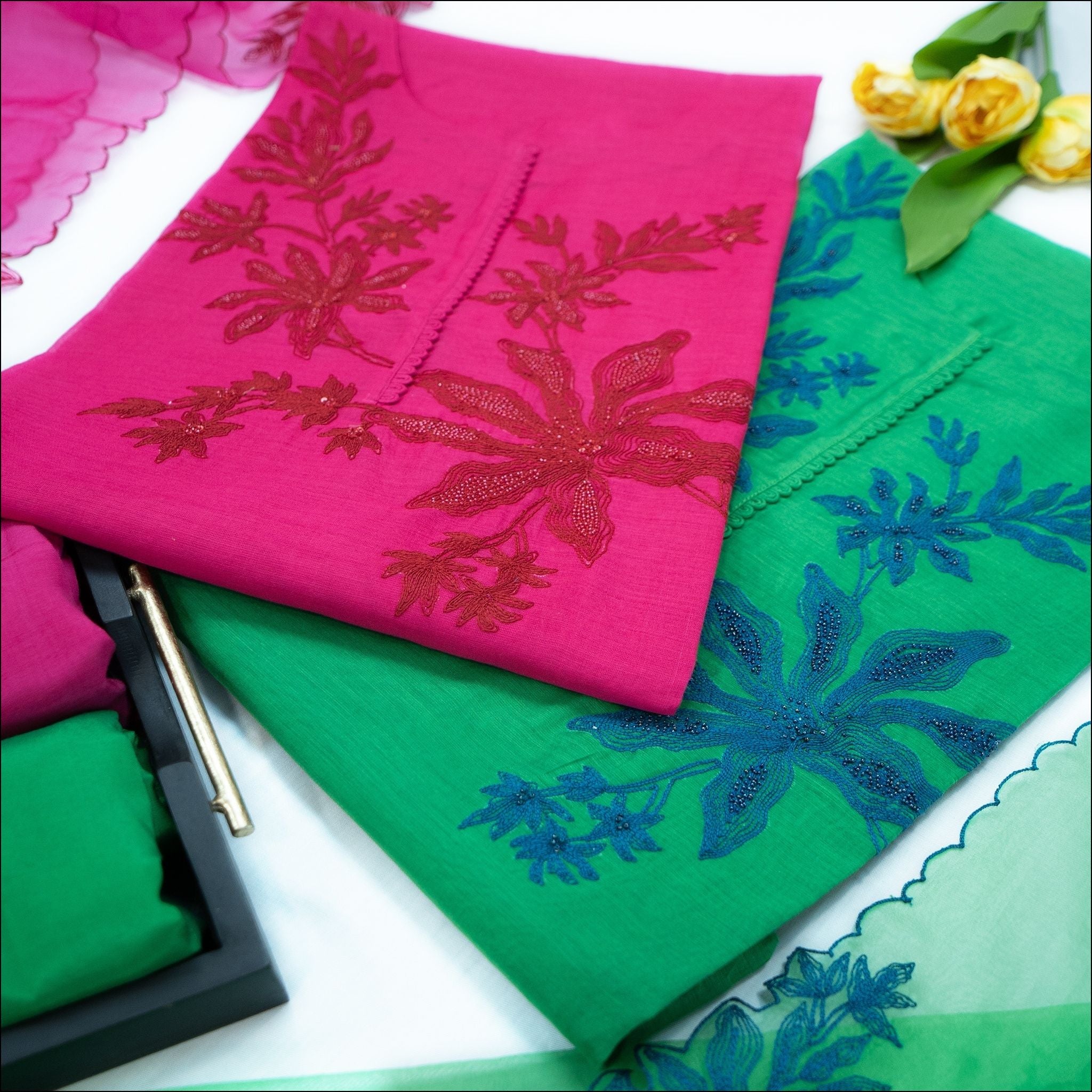 Pink Green Chanderi Silk Unstitched Suit Set with Hand Work & Organza Dupatta