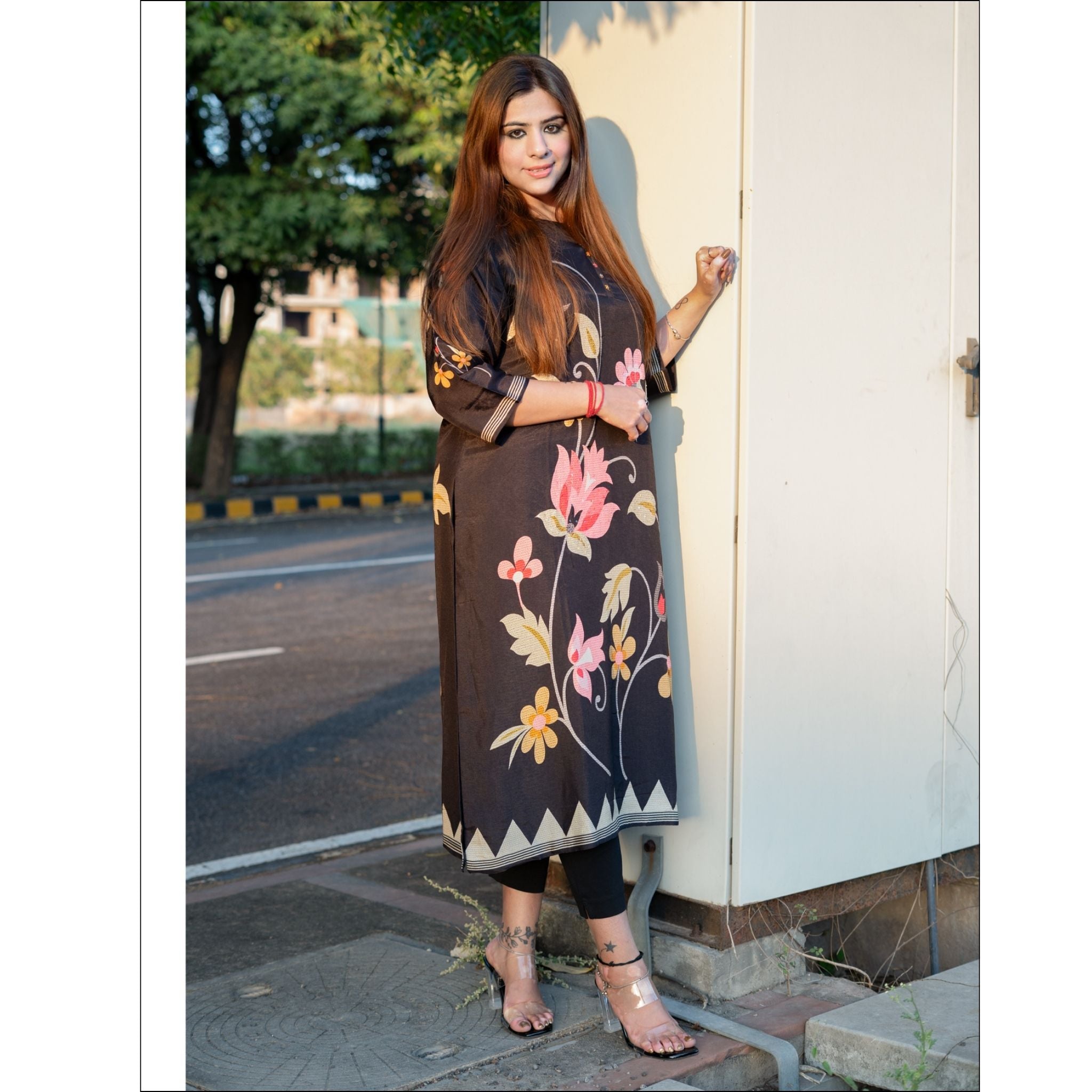 Black Russian Muslin Kurti with Floral Print & Sequin Embroidery