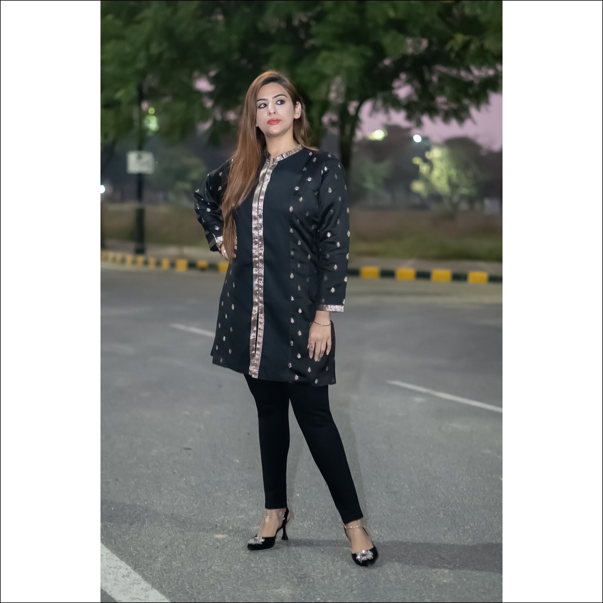 Black Silk Tunic Dress with Silver Zari Weaving & Border