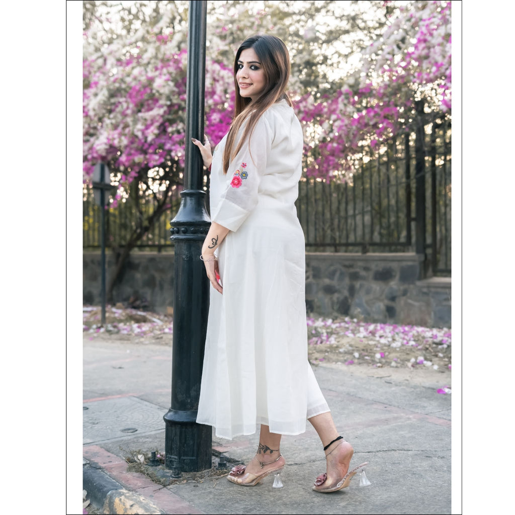White Pure Mul Kurti with Embroidery, Pearls & Designer Buttons