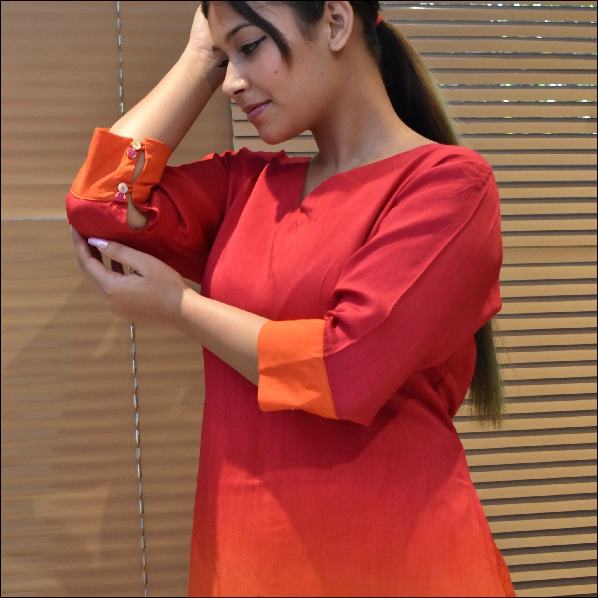 Ombre V-Neck Dress with Belt & Stylish Button Detailing