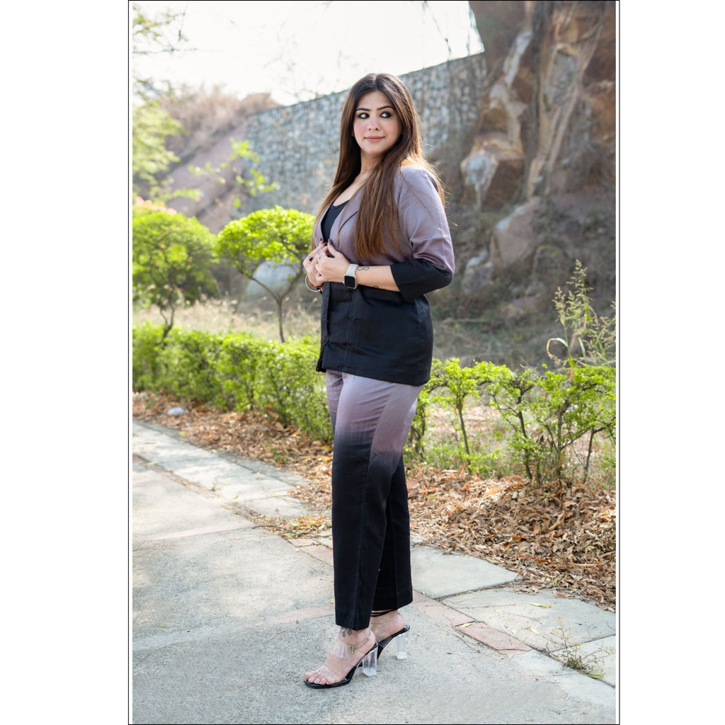 Deep Charcoal Black Cotton Chanderi Ombre Co-ord Set with Blazer Collar