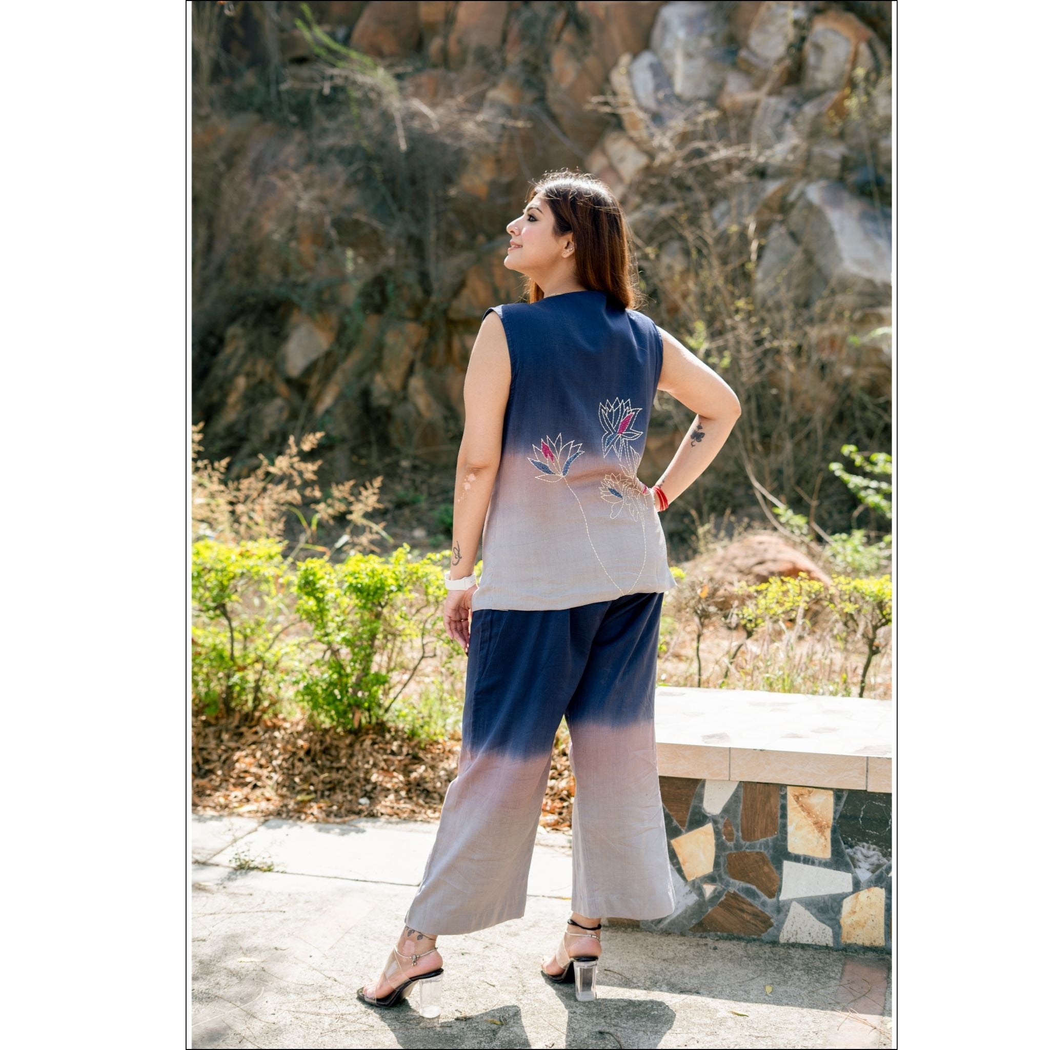 Grey to Deep Blue Ombre Cotton Chanderi Co-ord Set with Cut Dana Embroidery