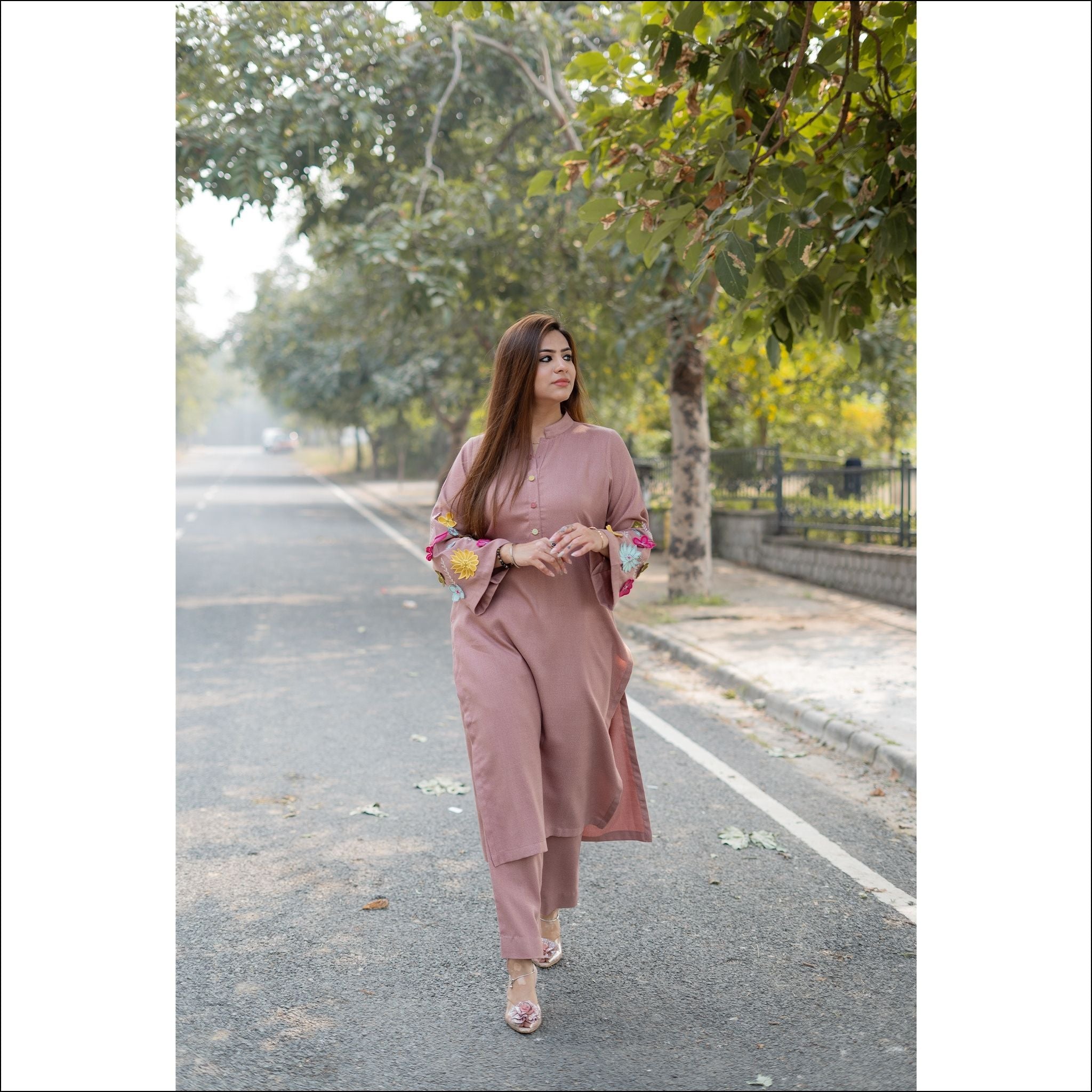 Neutral Pink Spun Kurti Pant Set with Floral Sleeve Patch