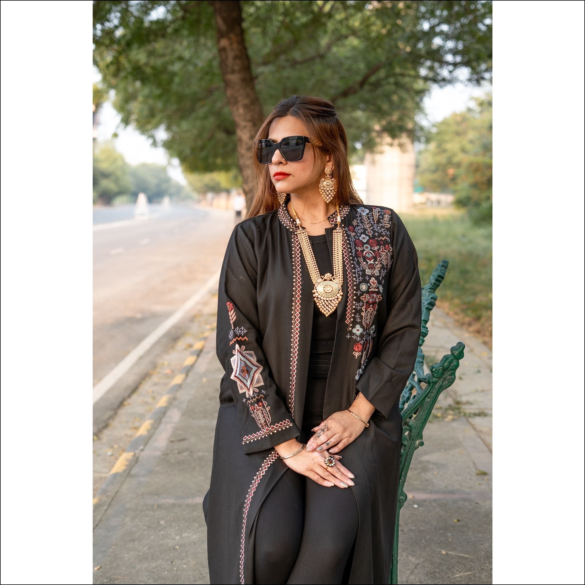 Black Spun Long Winter Coat with Heavy Colourful Embroidery