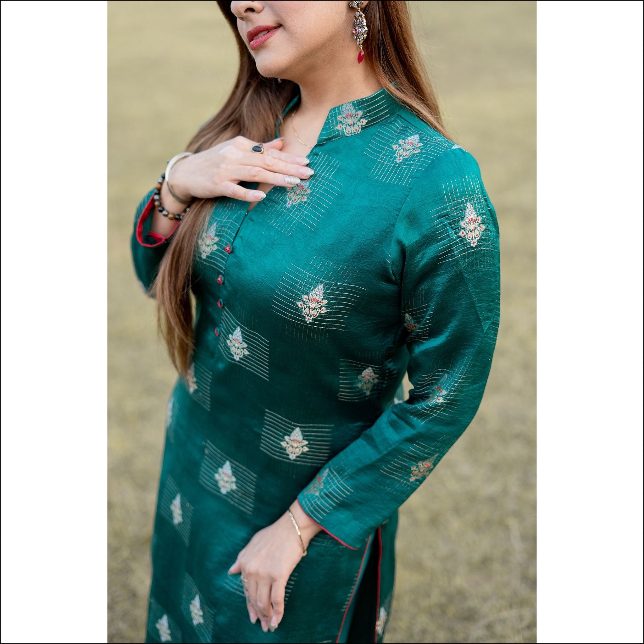 Bottle Green Silk Kurti Set with Hand-Embroidered Buttons & Zari Weaving