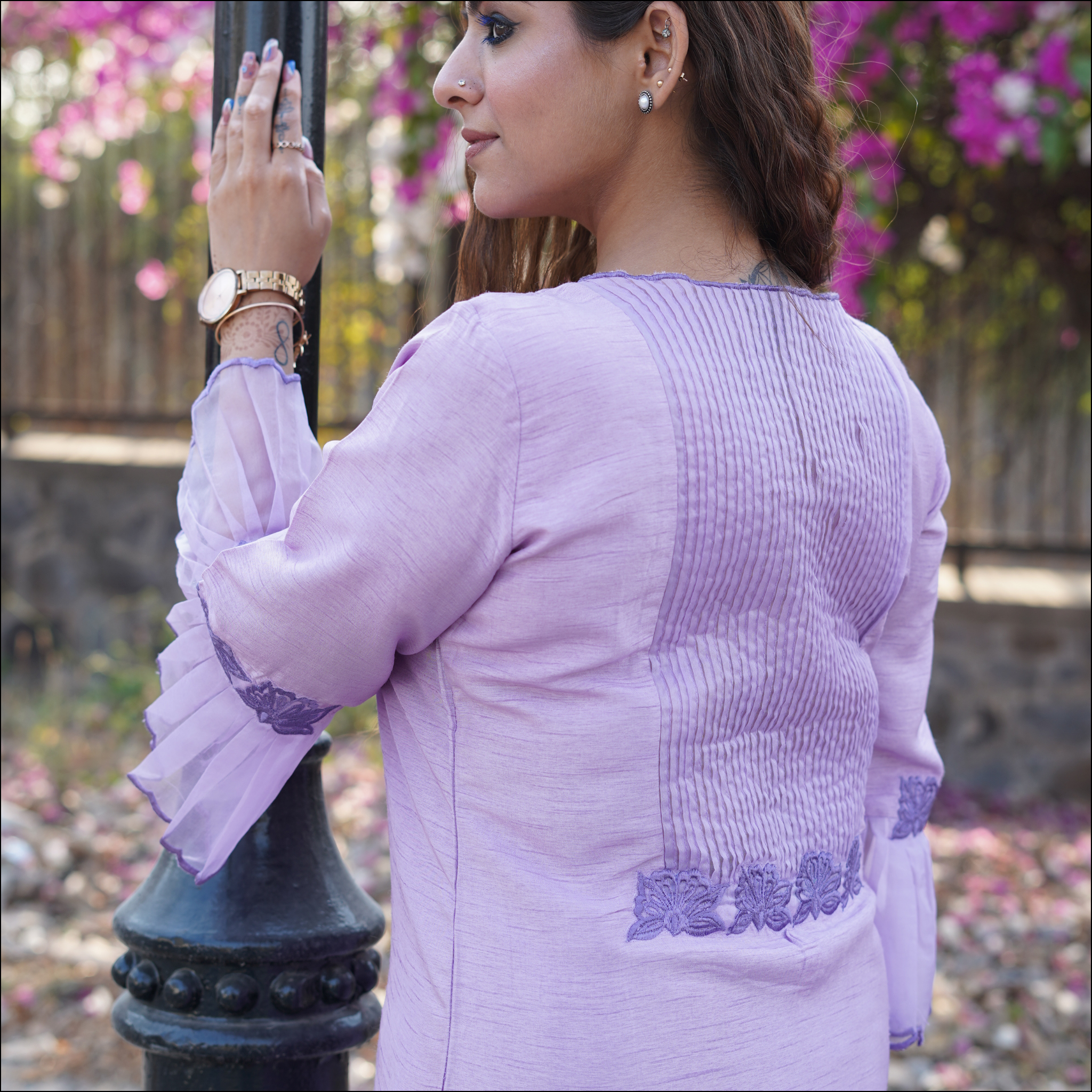 Dupion Silk Kurti Pant Set with Embroidered Organza Ruffled Dupatta