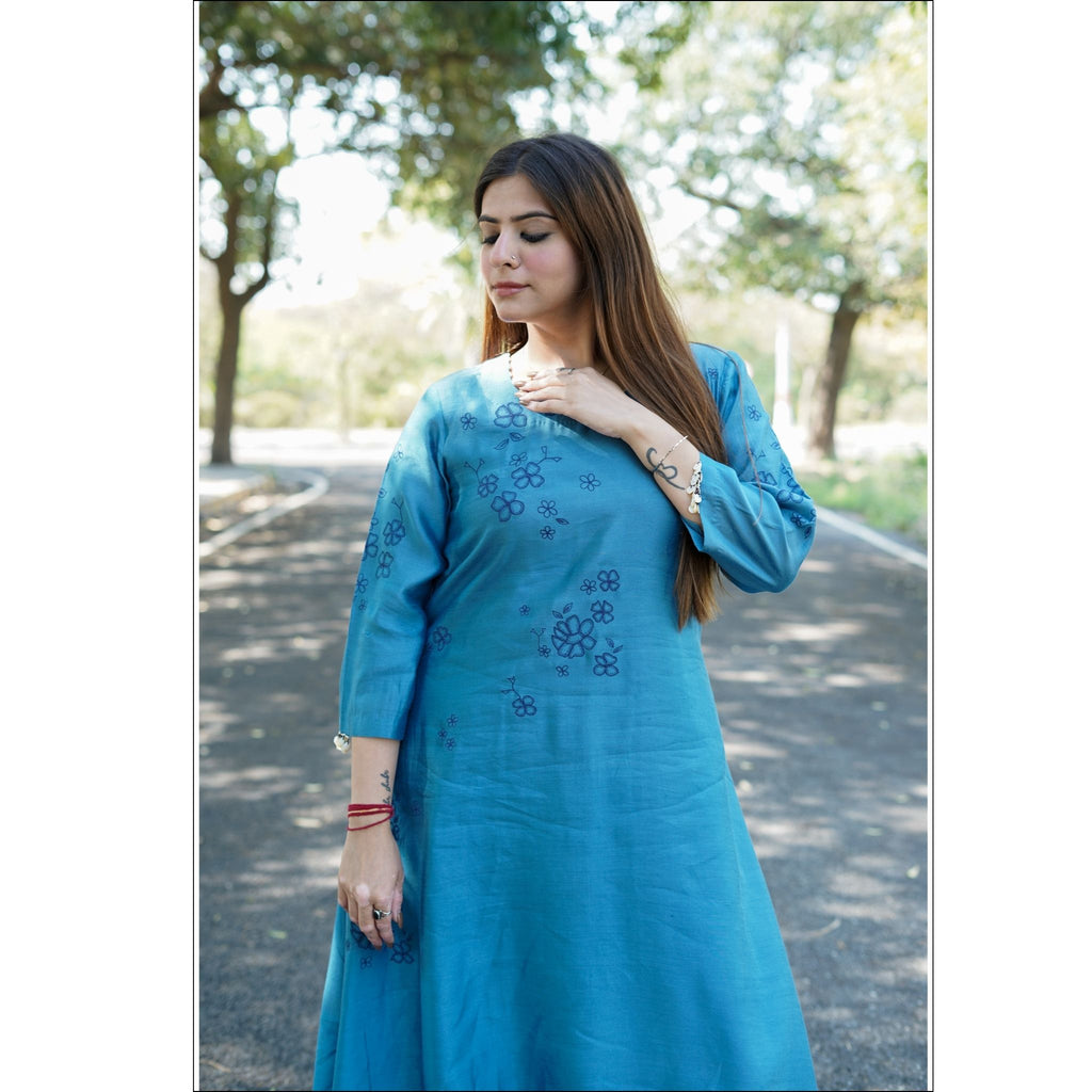 Teal Blue Chanderi Asymmetrical Kurti Pant Set with Floral Embroidery
