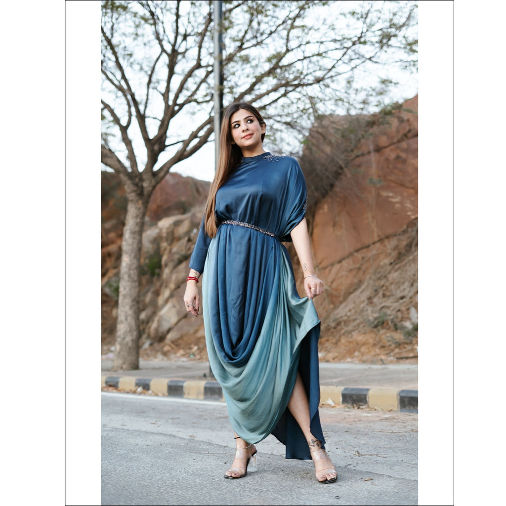 Blue Ombre Modal Silk Indo Western Gown with Handwork Belt