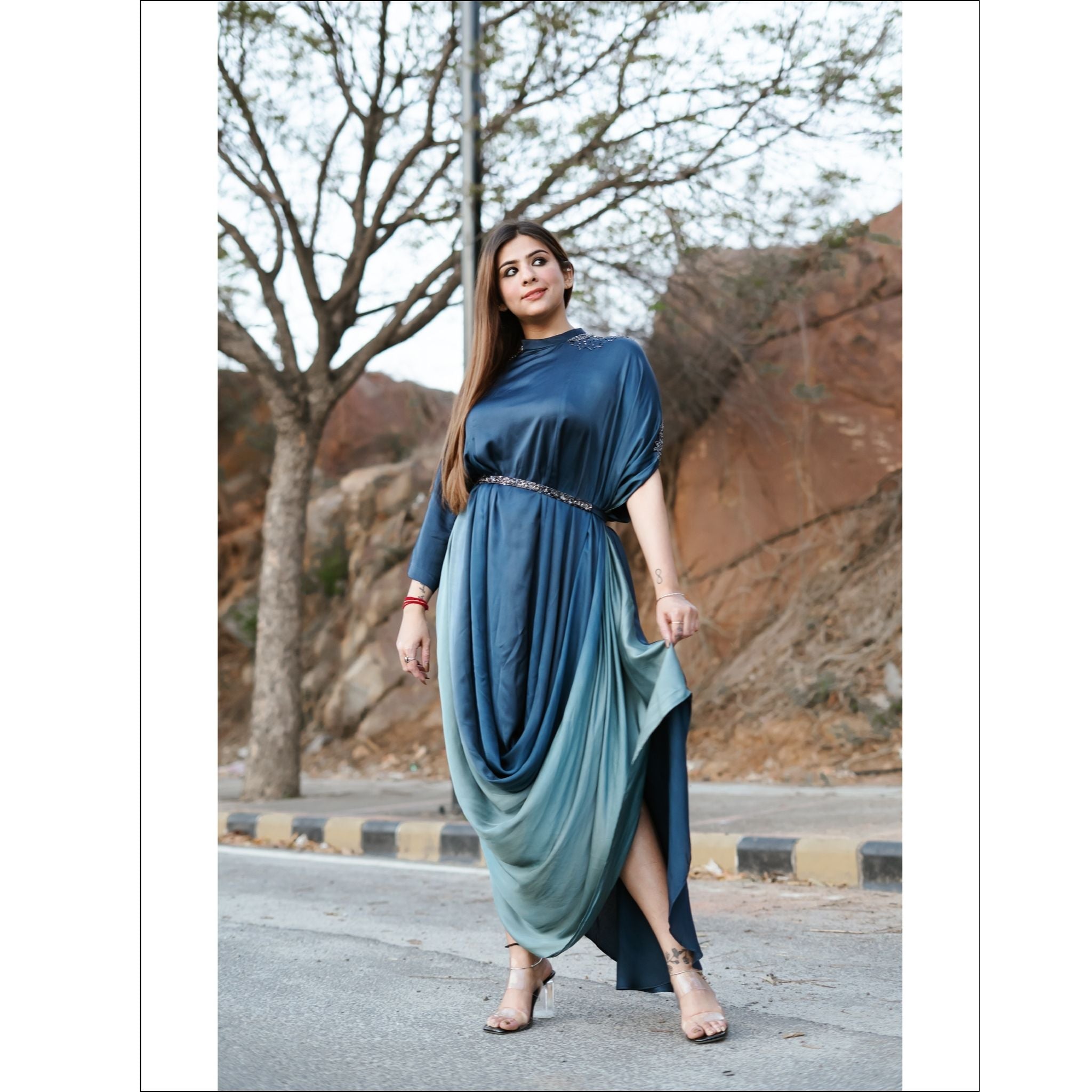Blue Ombre Modal Silk Indo Western Gown with Handwork Belt