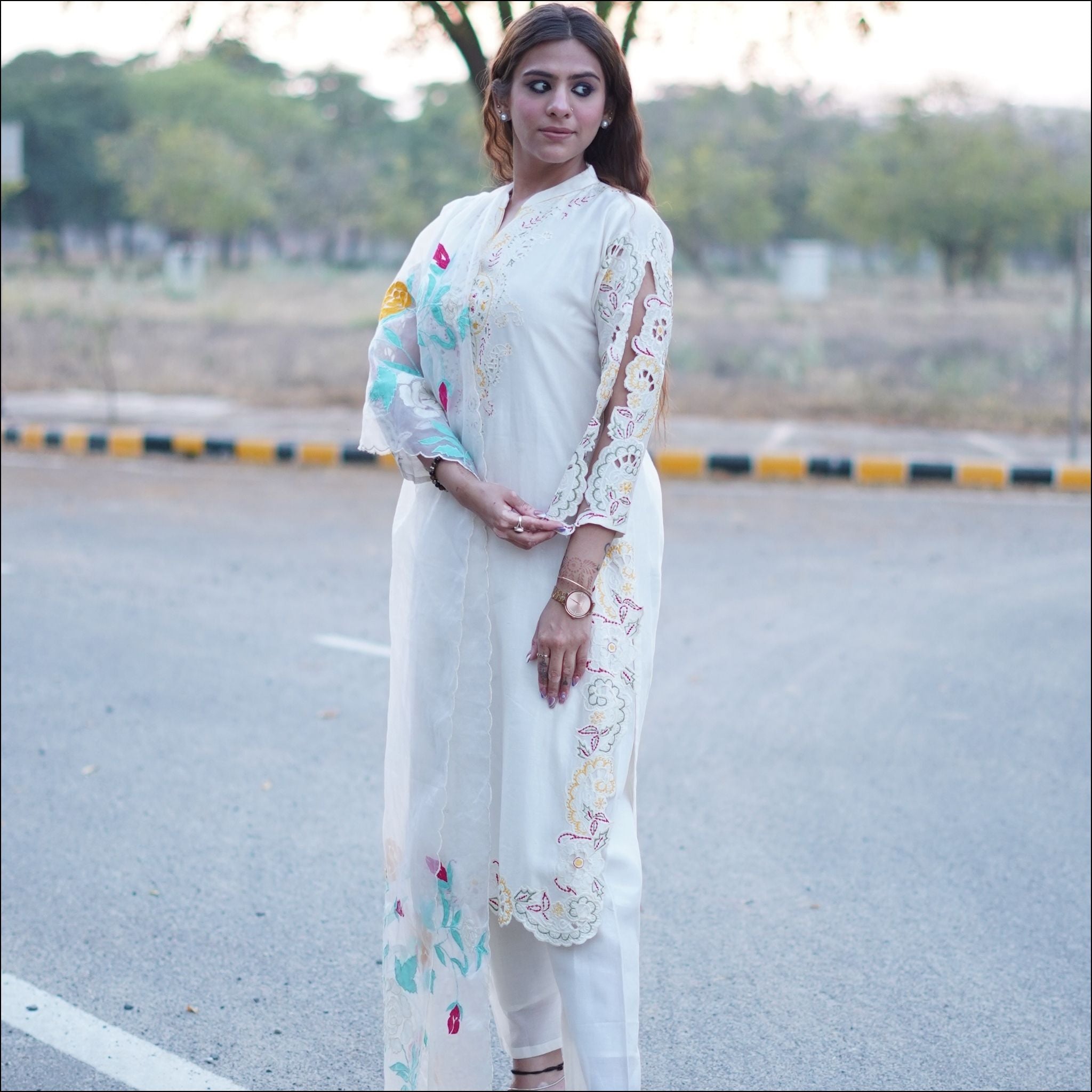 Off-White Cotton Chanderi Suit Set with Embroidered Organza Dupatta