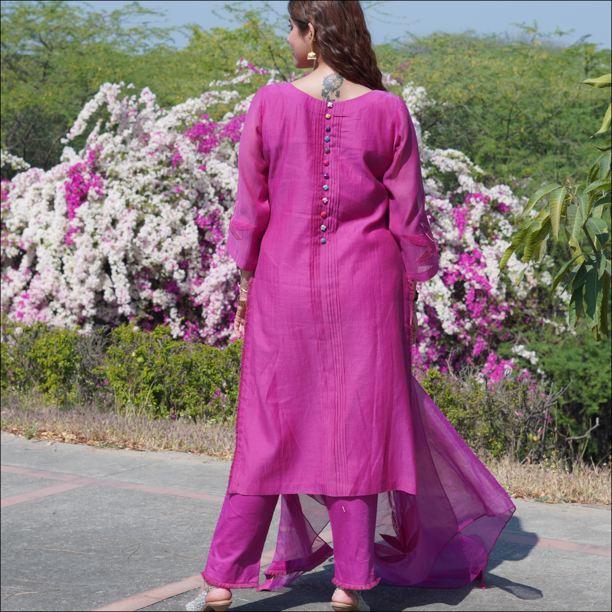 Pink Suit Set with Organza Dupatta & Sequin Embroidery