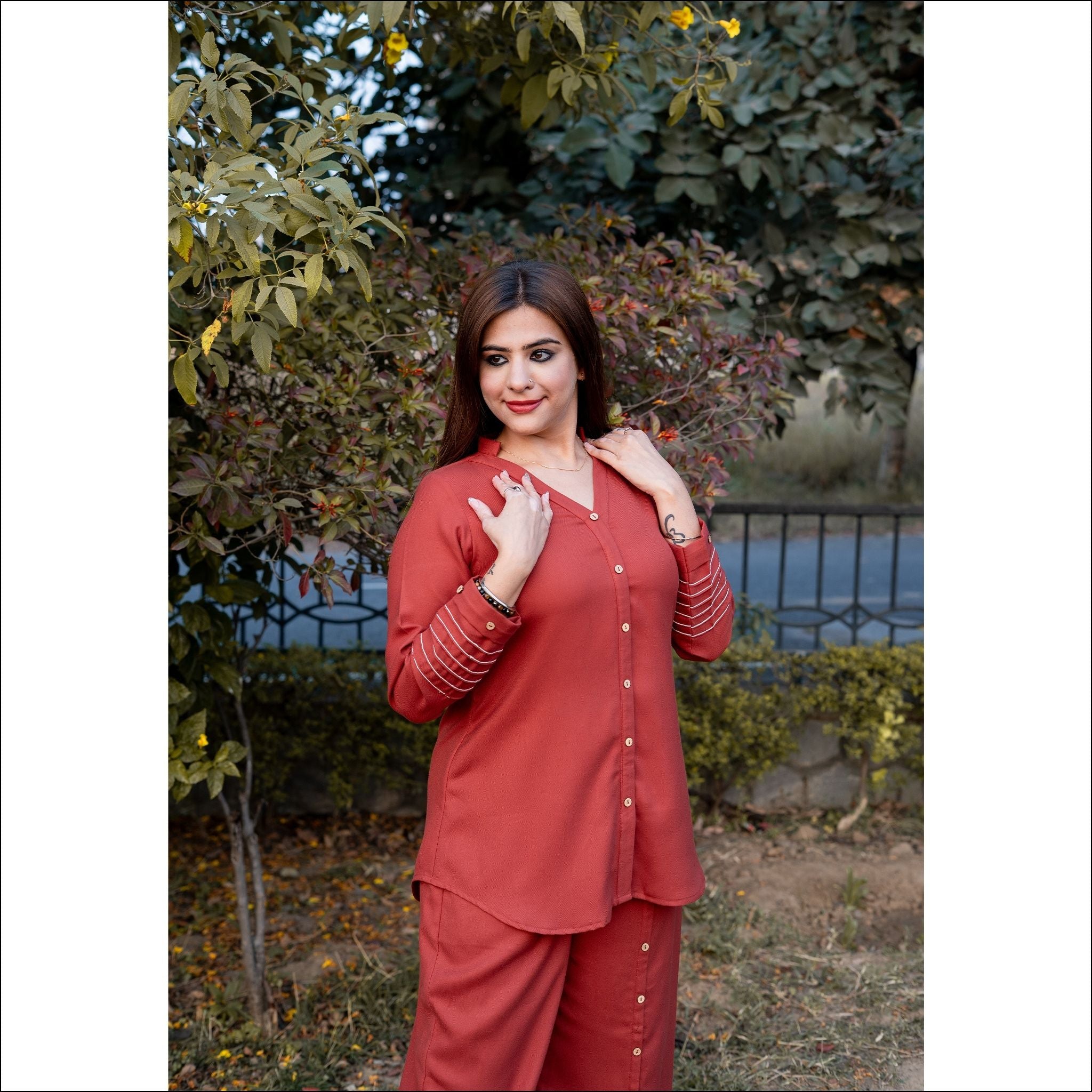 Rust Spun Co-ord Set with V-Neck & Embroidered Details