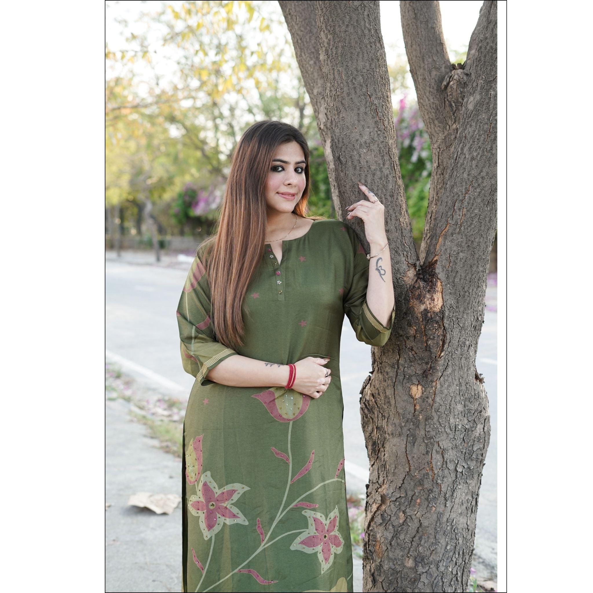 Olive Green Muslin Kurti with Floral Motifs & Designer Buttons