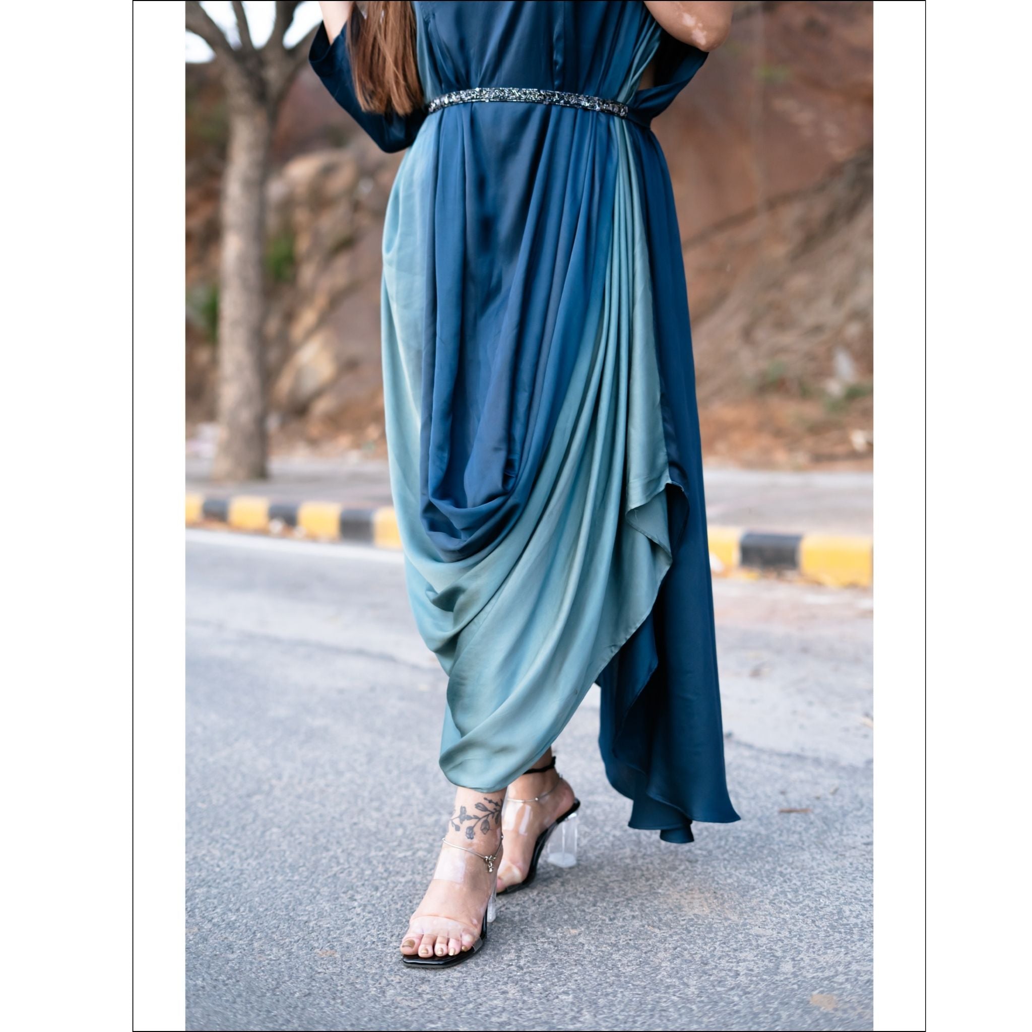 Blue Ombre Modal Silk Indo Western Gown with Handwork Belt