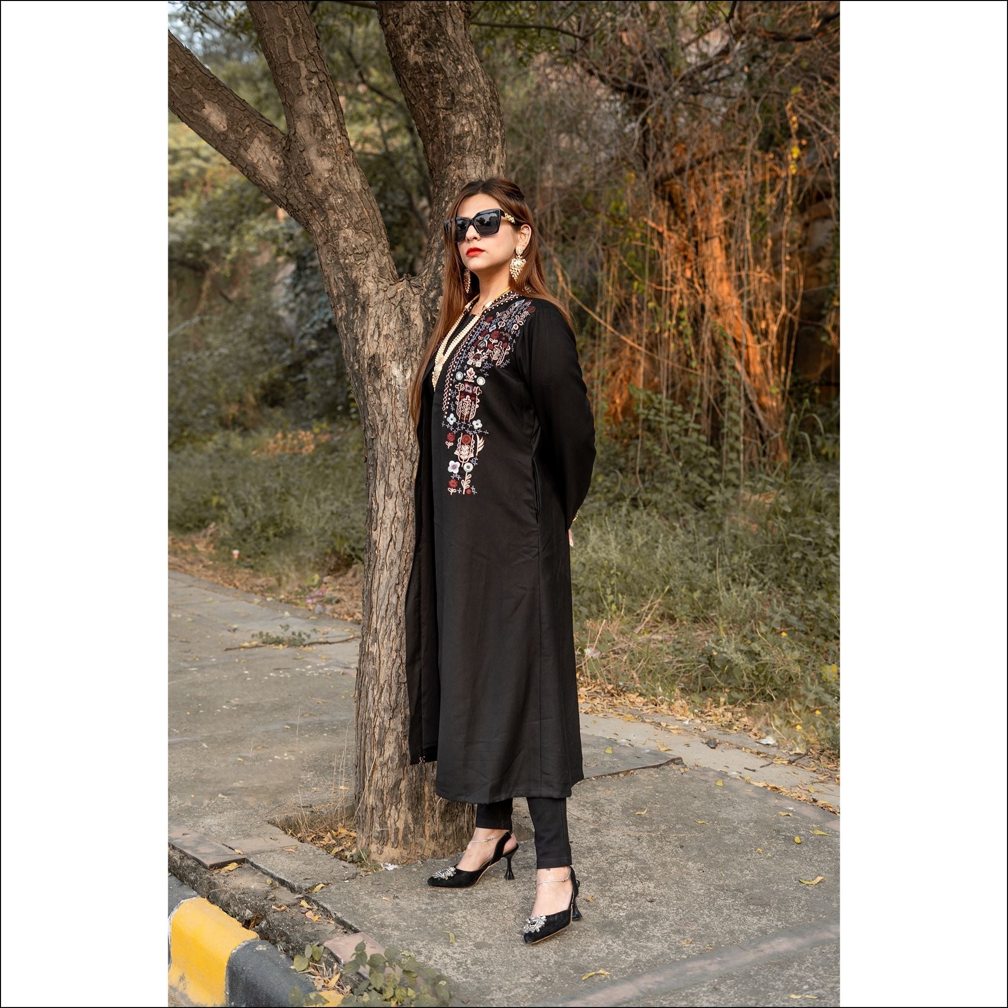 Black Spun Long Winter Coat with Heavy Colourful Embroidery