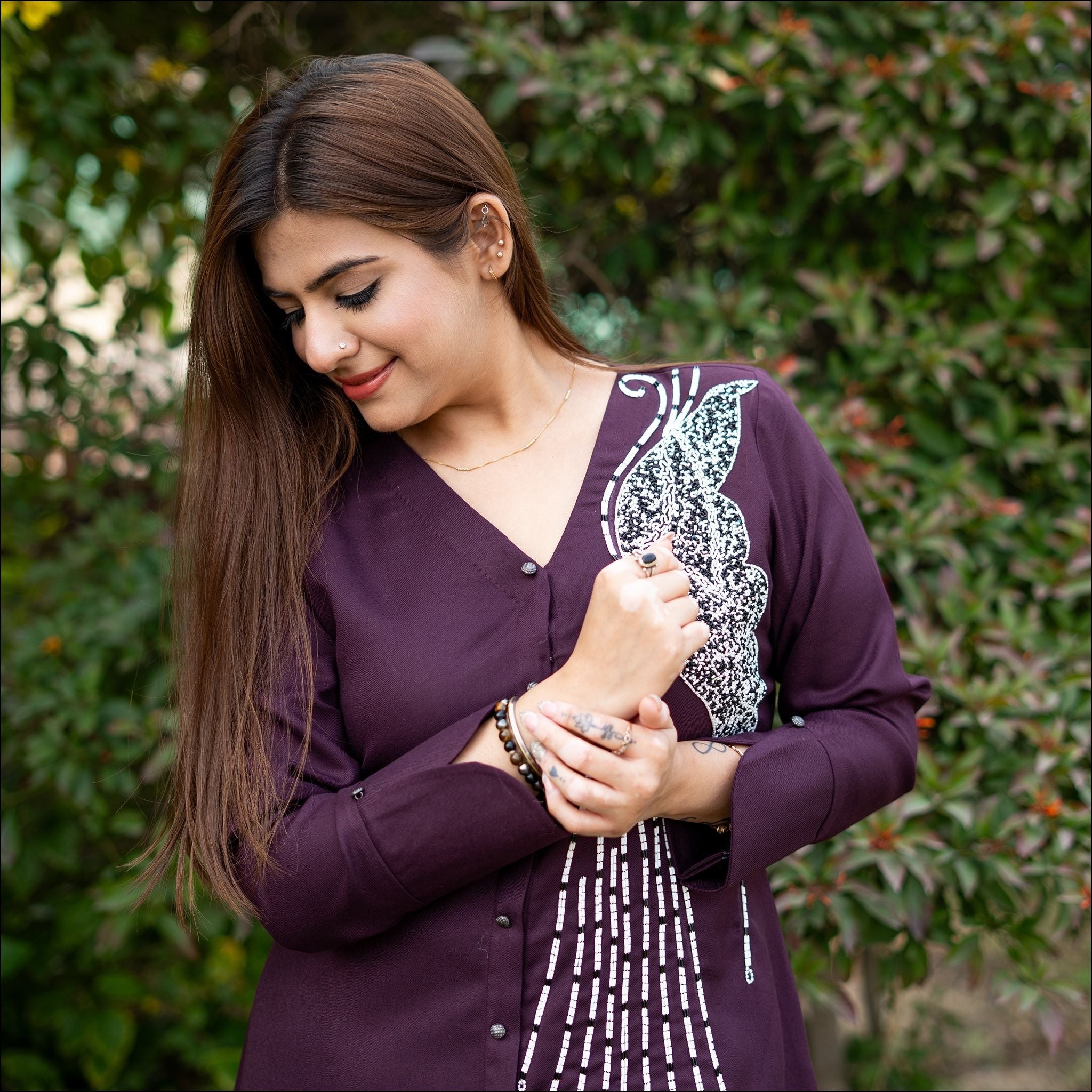 Wine Spun Co-ord Set with Handwork & V-Neck