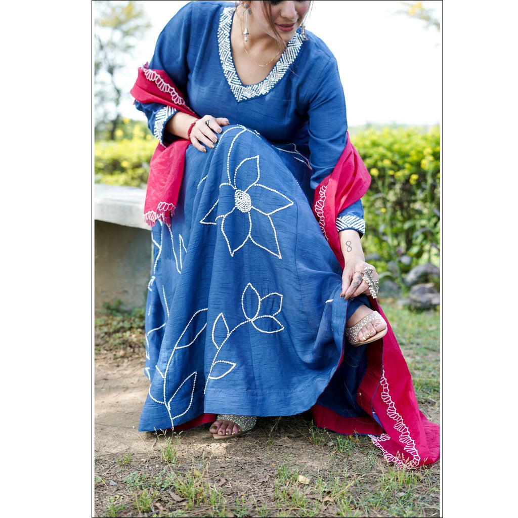 Blue Dupian Anarkali Suit with Organza Dupatta & Hand Embroidery